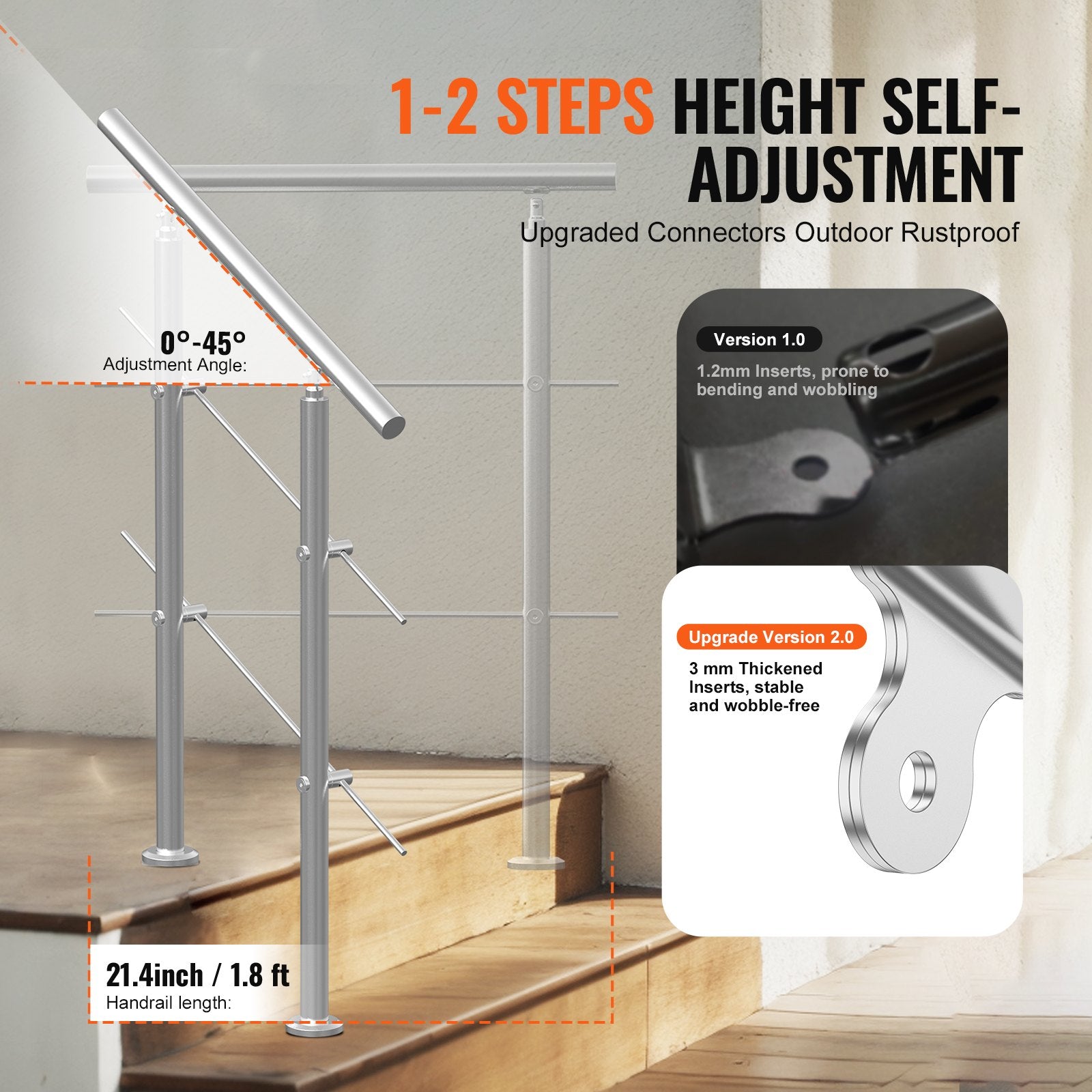VEVOR Handrails for Outdoor Steps, 31.5in Length 2 Crossbars Stair Hand Rail Kit, Transitional Stainless Steel Railings w/ Installation Kit, Double-column Staircase Handrails for Seniors,Porch & Deck
