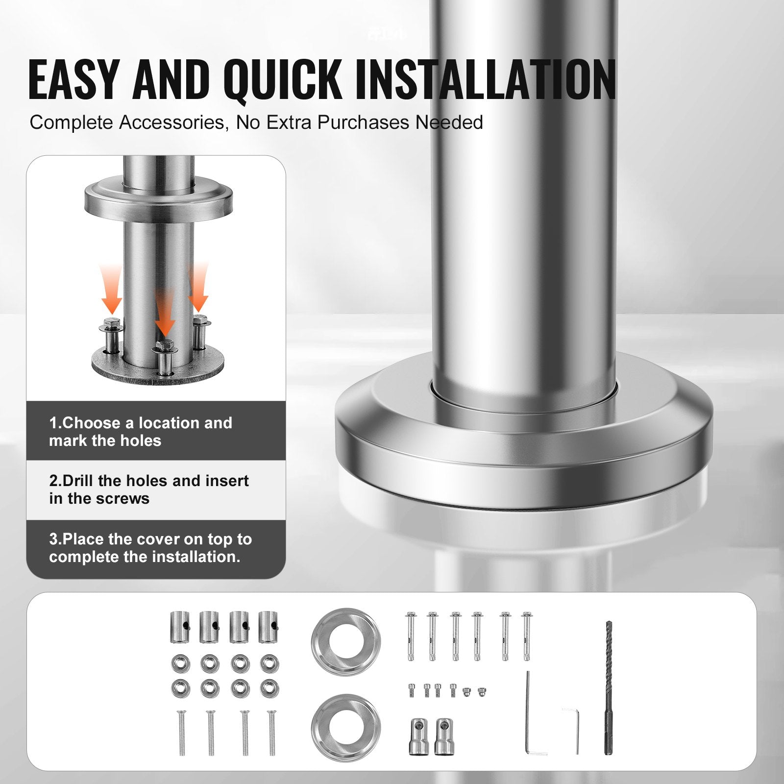 VEVOR Handrails for Outdoor Steps, 31.5in Length 2 Crossbars Stair Hand Rail Kit, Transitional Stainless Steel Railings w/ Installation Kit, Double-column Staircase Handrails for Seniors,Porch & Deck