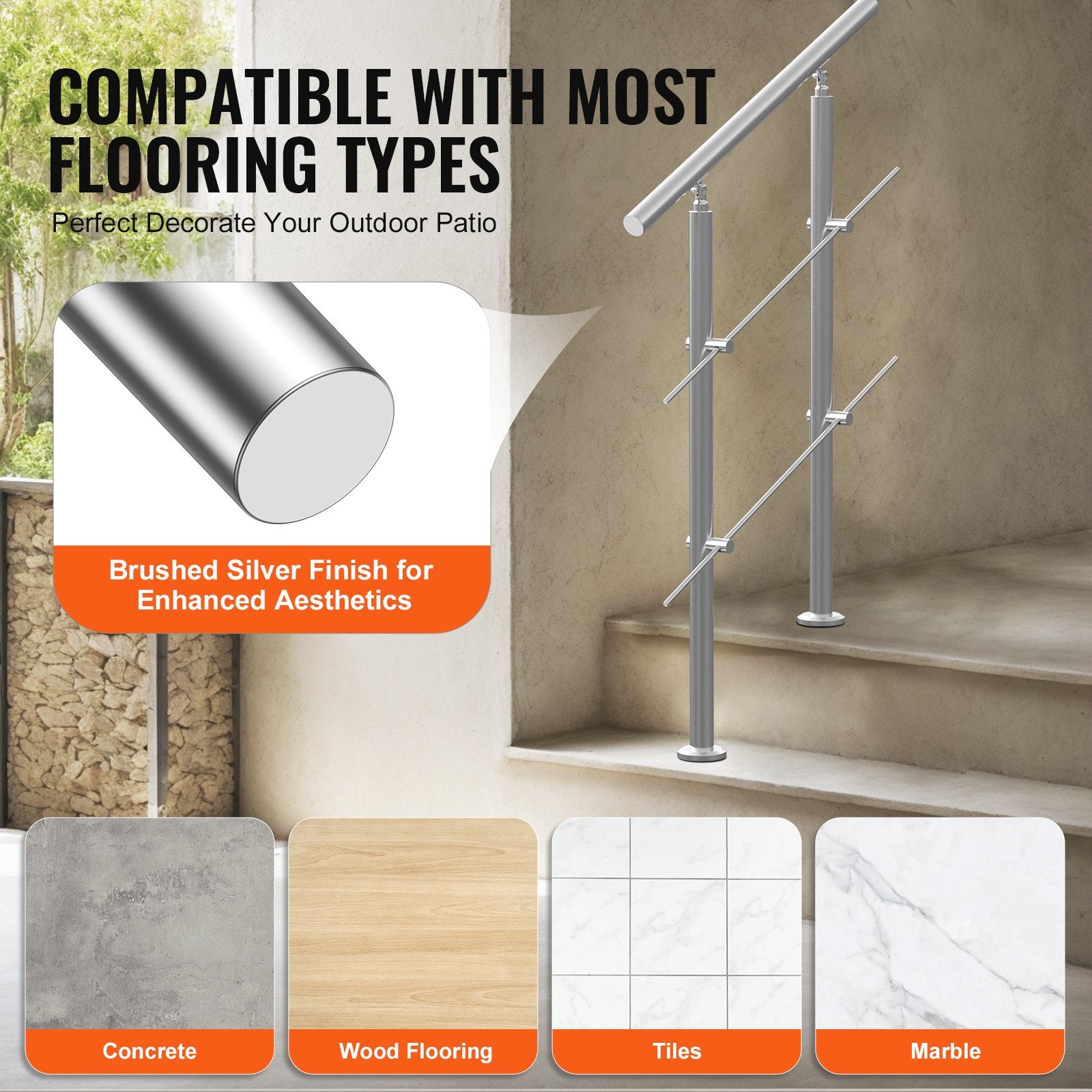 VEVOR Handrails for Outdoor Steps, 31.5in Length 2 Crossbars Stair Hand Rail Kit, Transitional Stainless Steel Railings w/ Installation Kit, Double-column Staircase Handrails for Seniors,Porch & Deck