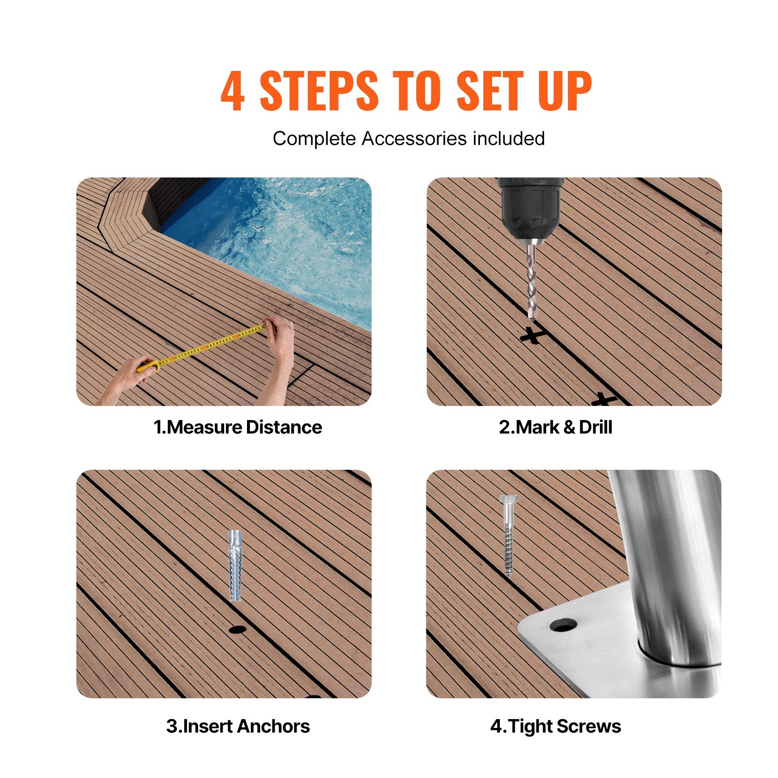 VEVOR Pool Handrail, 32 x 23 inch Pool Railing, Stainless Steel with Base Plate for Indoor/Outdoor Pools,Swimming Pool Safety Railing for Decks,Rust-Proof Grab Bar w/ Grip Cover&Accessories for Spas