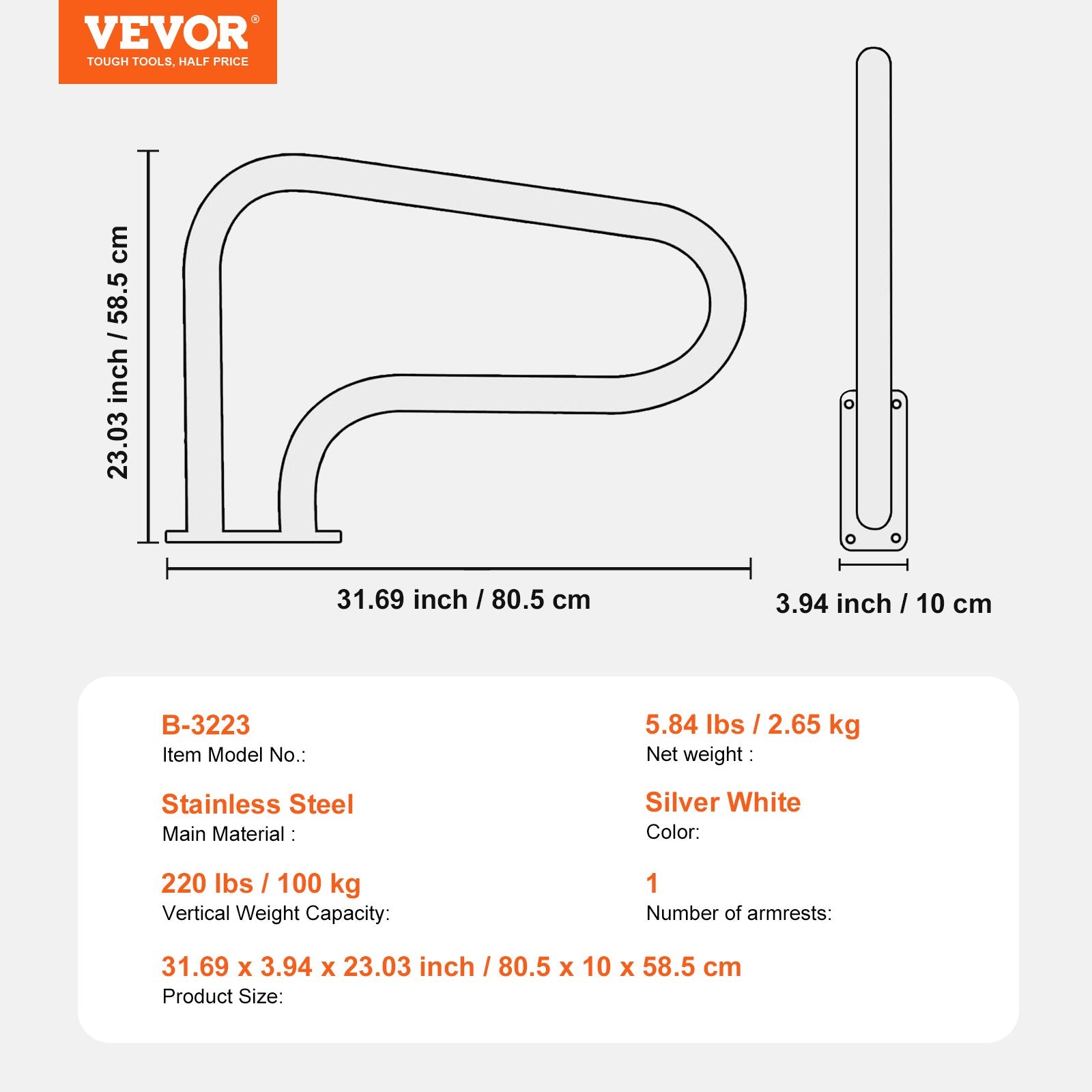 VEVOR Pool Handrail, 32 x 23 inch Pool Railing, Stainless Steel with Base Plate for Indoor/Outdoor Pools,Swimming Pool Safety Railing for Decks,Rust-Proof Grab Bar w/ Grip Cover&Accessories for Spas