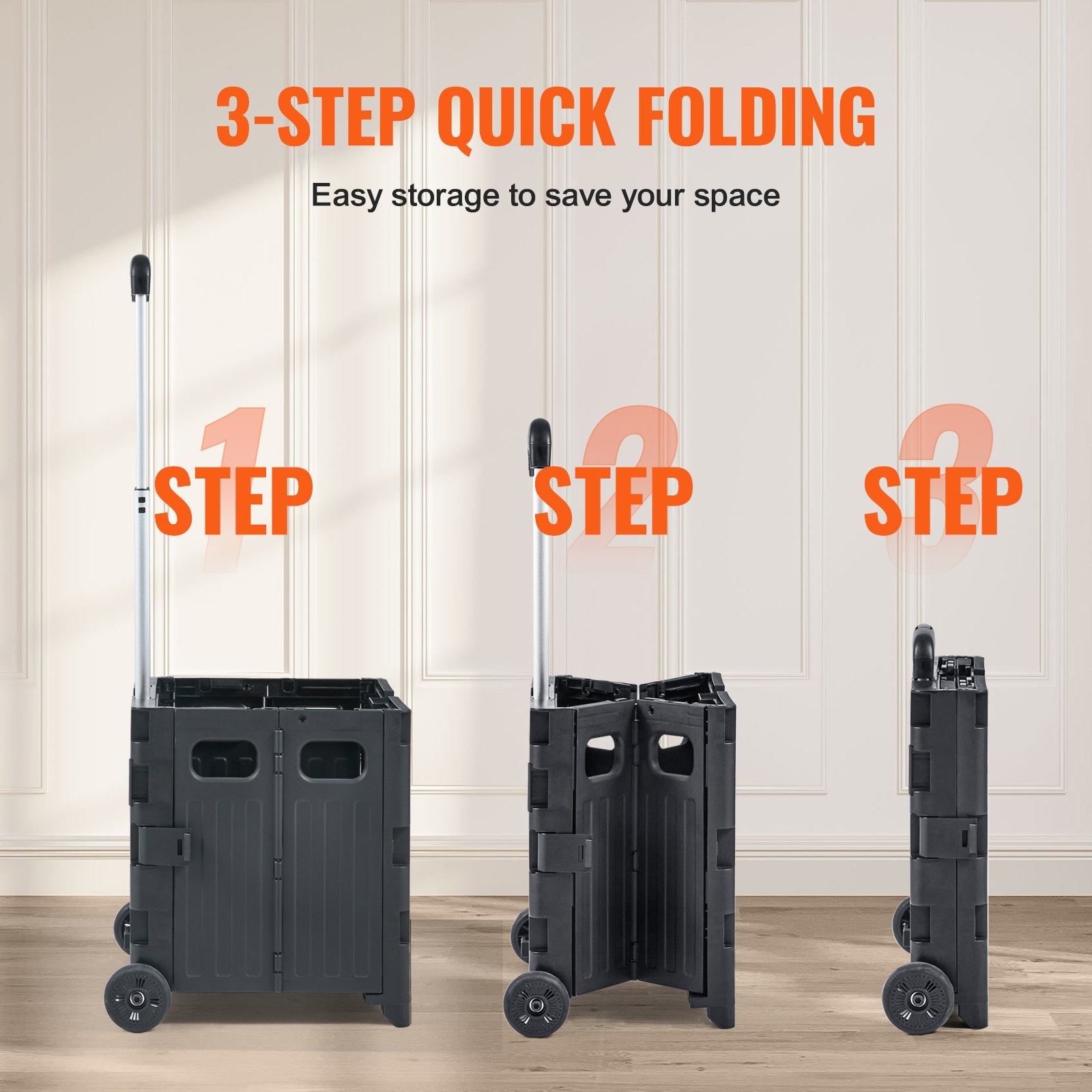 VEVOR Foldable Utility Cart, 36 kg Load Capacity, Folding Portable Rolling Crate Handcart with Durable Heavy Duty Telescoping Handle and 2 Wheels for Travel Shopping Moving Luggage Office Use, Black