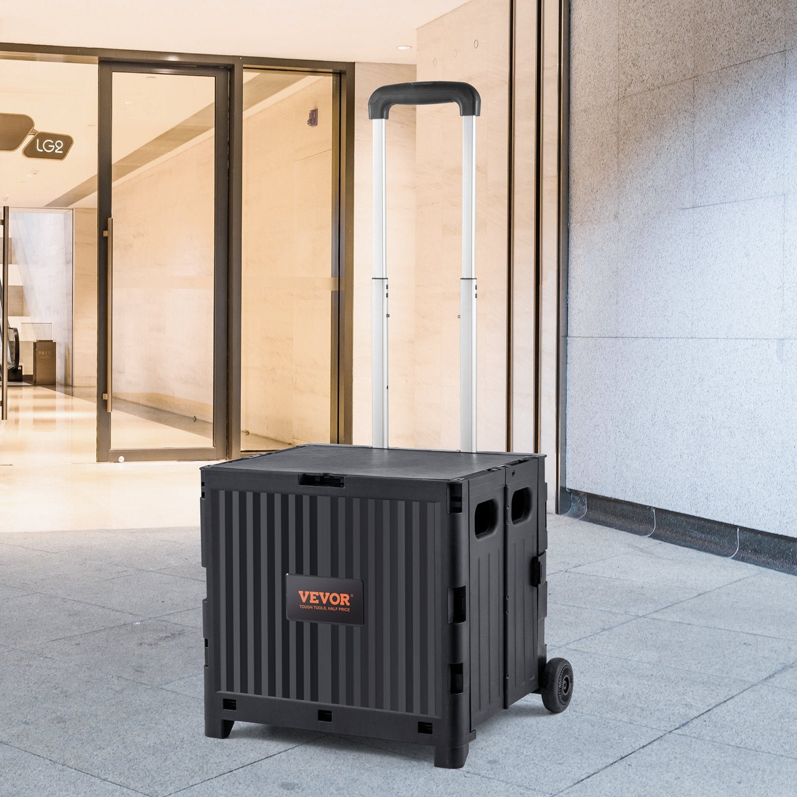 VEVOR Foldable Utility Cart, 36 kg Load Capacity, Folding Portable Rolling Crate Handcart with Durable Heavy Duty Telescoping Handle and 2 Wheels for Travel Shopping Moving Luggage Office Use, Black