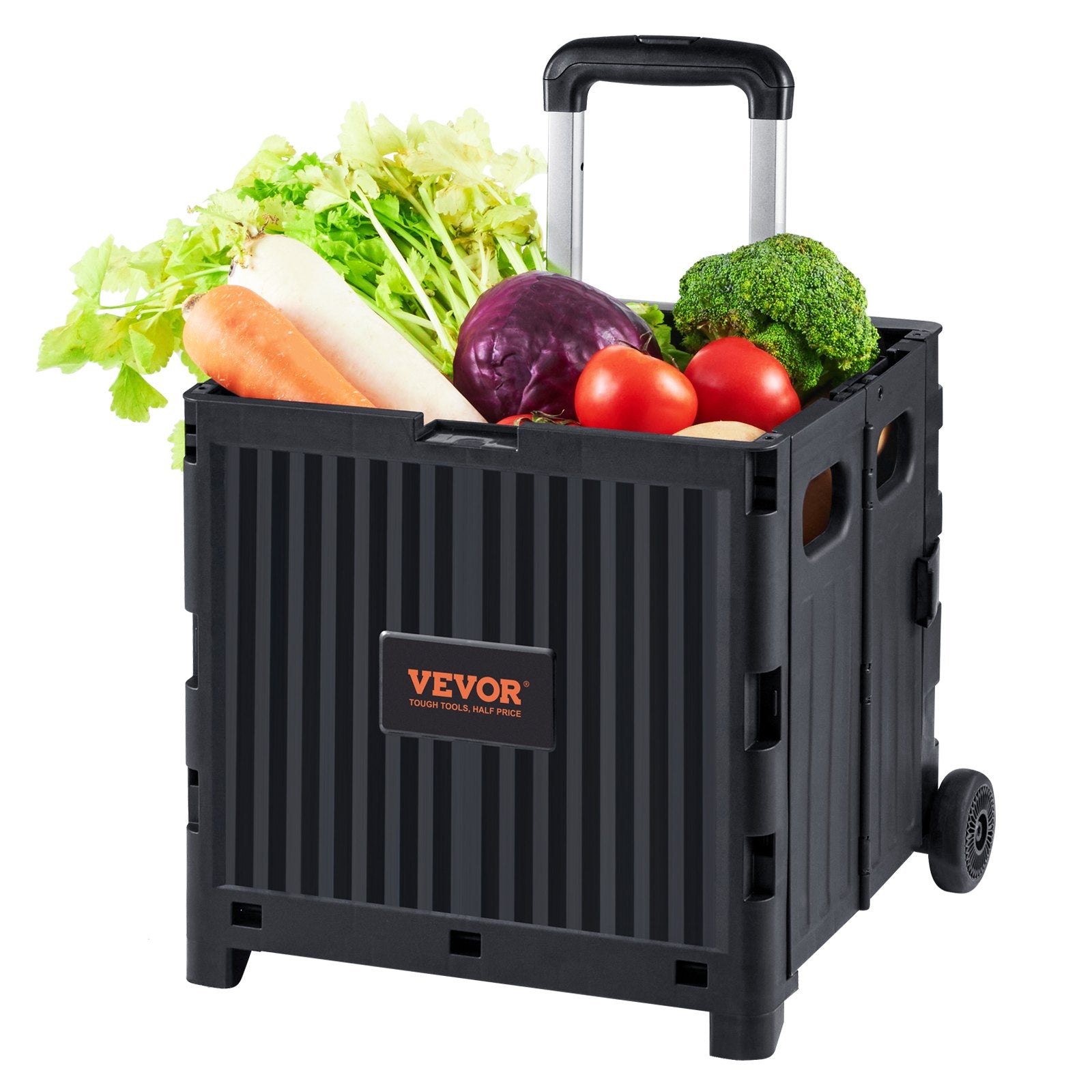 VEVOR Foldable Utility Cart, 36 kg Load Capacity, Folding Portable Rolling Crate Handcart with Durable Heavy Duty Telescoping Handle and 2 Wheels for Travel Shopping Moving Luggage Office Use, Black