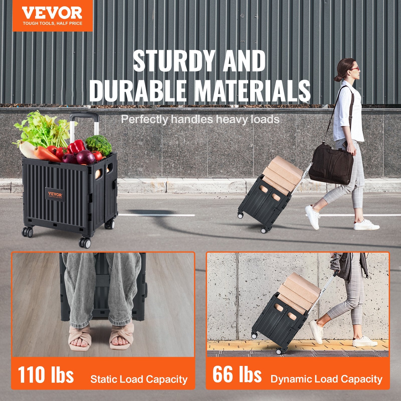 VEVOR Foldable Utility Cart, 50 kg Load Capacity, Folding Portable Rolling Crate Handcart with Heavy Duty Telescoping Handle and 4 Rotate Wheels for Travel Shopping Moving Luggage Office Use, Black