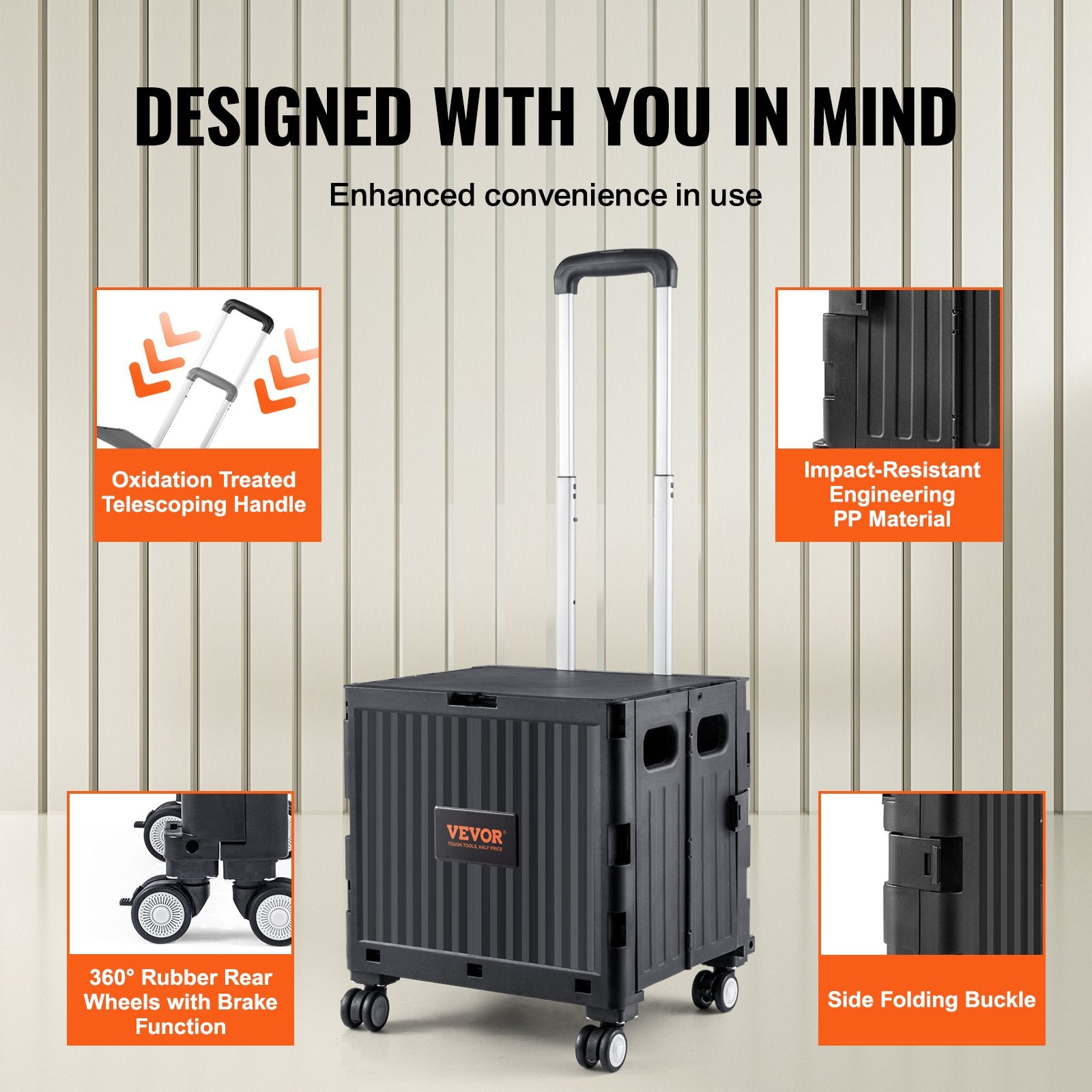 VEVOR Foldable Utility Cart, 50 kg Load Capacity, Folding Portable Rolling Crate Handcart with Heavy Duty Telescoping Handle and 4 Rotate Wheels for Travel Shopping Moving Luggage Office Use, Black