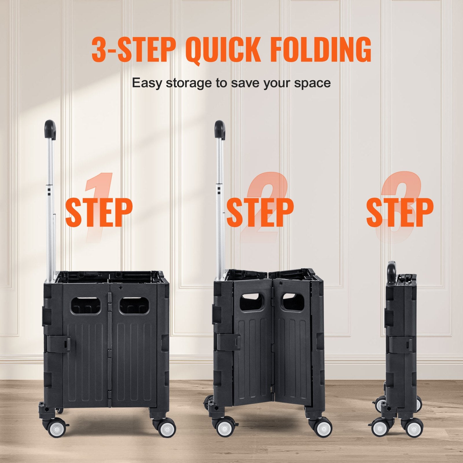 VEVOR Foldable Utility Cart, 50 kg Load Capacity, Folding Portable Rolling Crate Handcart with Heavy Duty Telescoping Handle and 4 Rotate Wheels for Travel Shopping Moving Luggage Office Use, Black