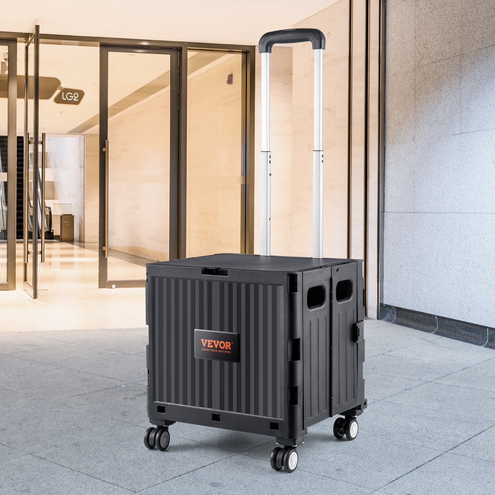 VEVOR Foldable Utility Cart, 50 kg Load Capacity, Folding Portable Rolling Crate Handcart with Heavy Duty Telescoping Handle and 4 Rotate Wheels for Travel Shopping Moving Luggage Office Use, Black