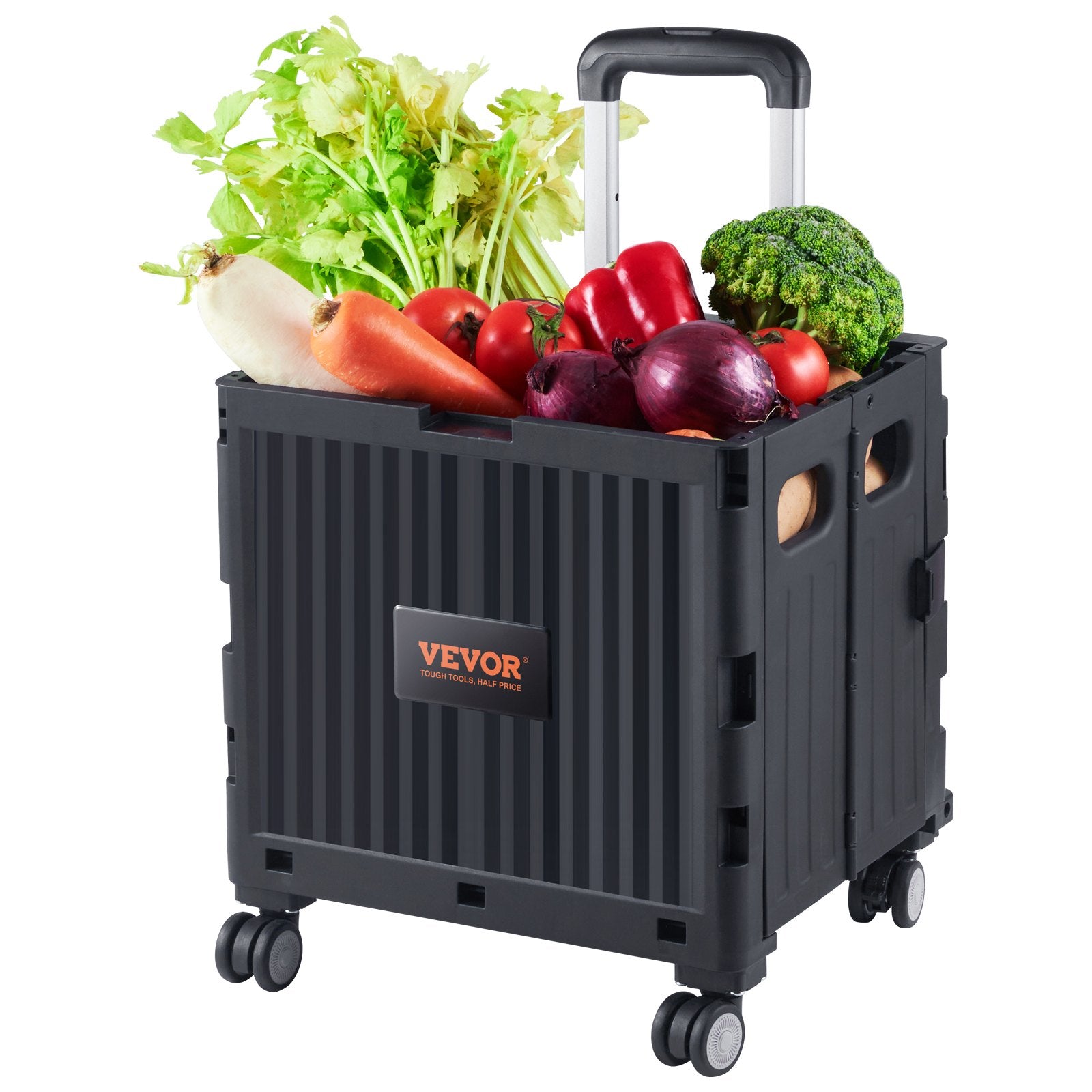 VEVOR Foldable Utility Cart, 50 kg Load Capacity, Folding Portable Rolling Crate Handcart with Heavy Duty Telescoping Handle and 4 Rotate Wheels for Travel Shopping Moving Luggage Office Use, Black