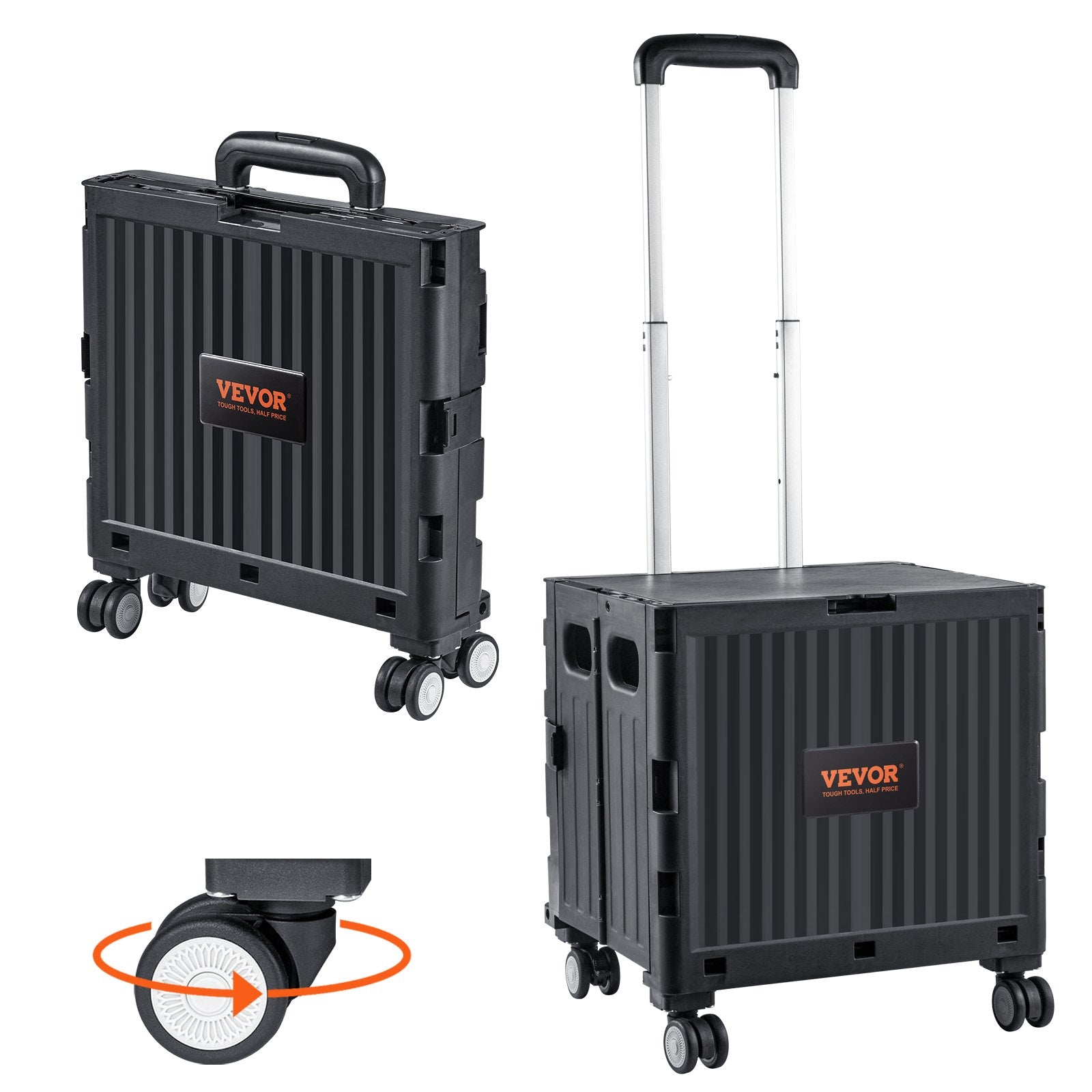 VEVOR Foldable Utility Cart, 50 kg Load Capacity, Folding Portable Rolling Crate Handcart with Heavy Duty Telescoping Handle and 4 Rotate Wheels for Travel Shopping Moving Luggage Office Use, Black