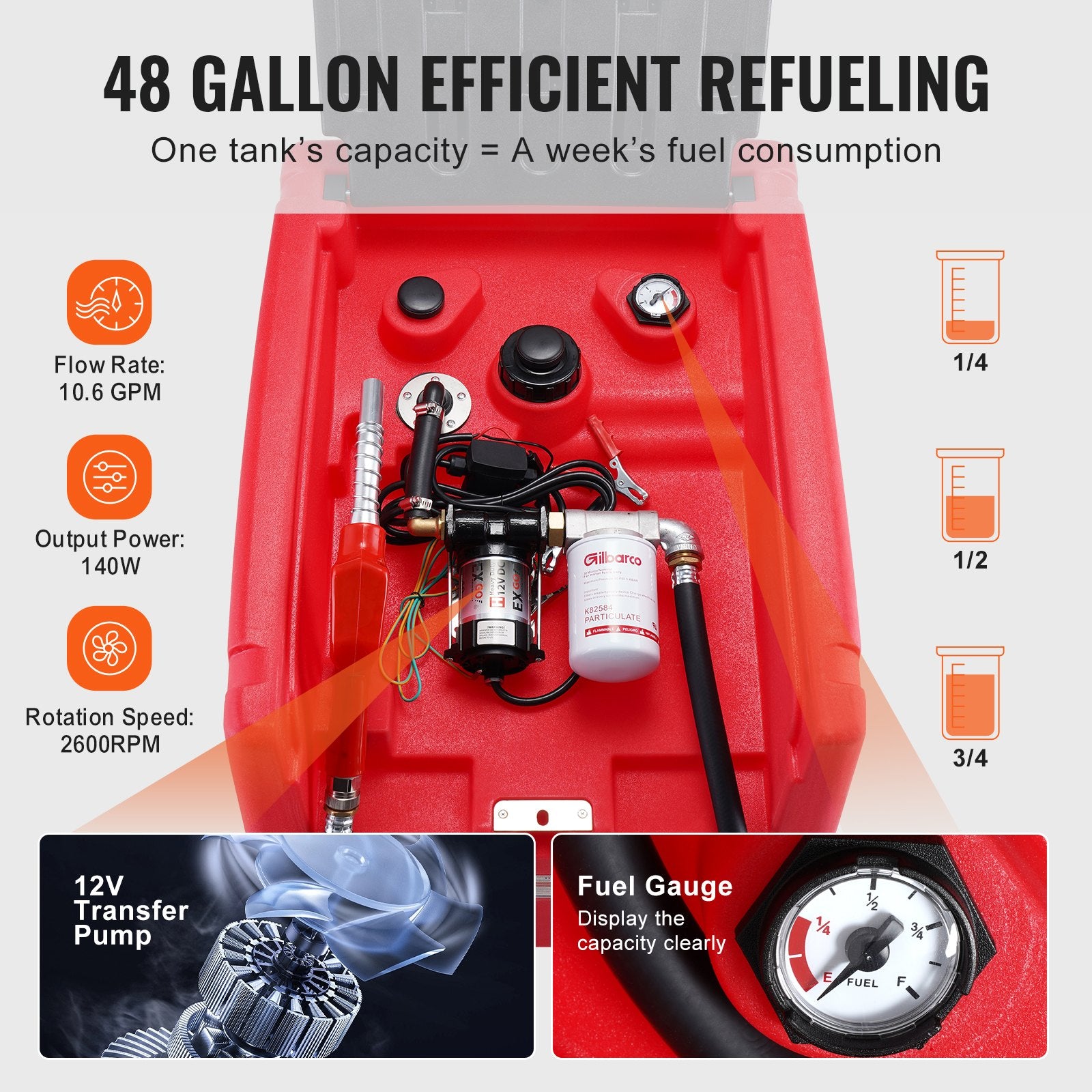 VEVOR Portable Diesel & Gasoline Tank, 182L, 10.6 GPM Flow Rate, Diesel Fuel Tank with Electric Transfer Pump, 4 m Hose, Auto Fueling Nozzle, Diesel Transfer Tank for Easy Fuel Transportation, Red