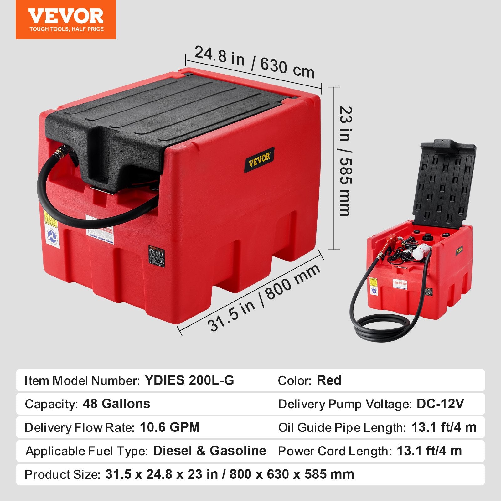 VEVOR Portable Diesel & Gasoline Tank, 182L, 10.6 GPM Flow Rate, Diesel Fuel Tank with Electric Transfer Pump, 4 m Hose, Auto Fueling Nozzle, Diesel Transfer Tank for Easy Fuel Transportation, Red