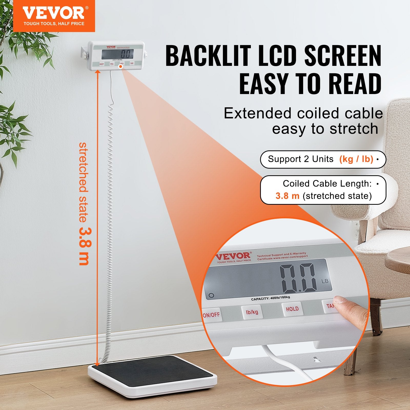 VEVOR Portable Medical Scale, Professional Digital Physician Scale for Weighing - with Anti-Slip Mat, 2 Units kg/lb , Hold & Tare Function, 400LBS Capacity Physician Wight Scale for Gym Home Hospital