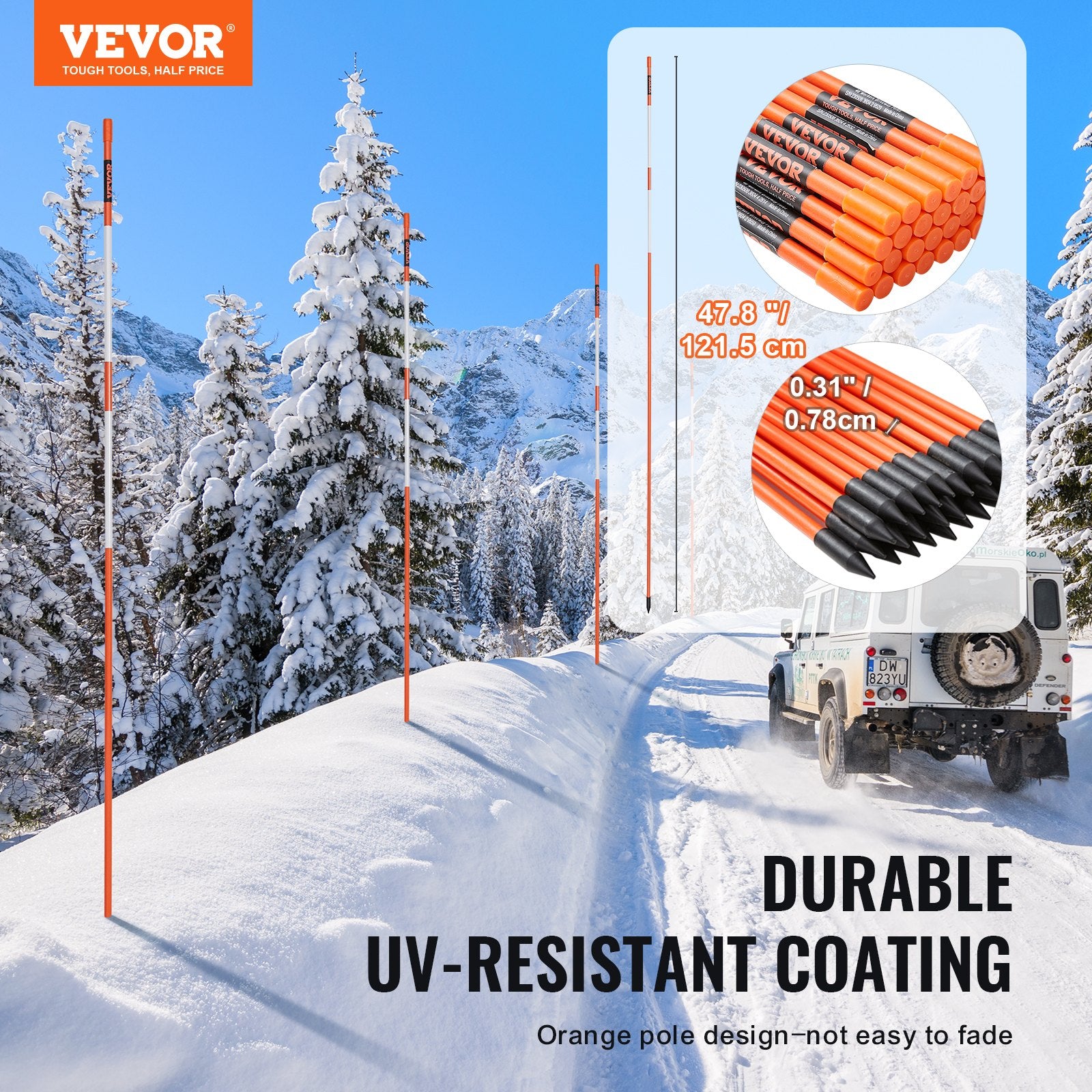 VEVOR Driveway Markers, 100PCS 121.5cm, 0.78cm Diameter, Orange Fiberglass Poles Snow Stakes with Reflective Tape, 30cm Steel Drill Bit & Protection Gloves for Parking Lots, Walkways Easy Visibility