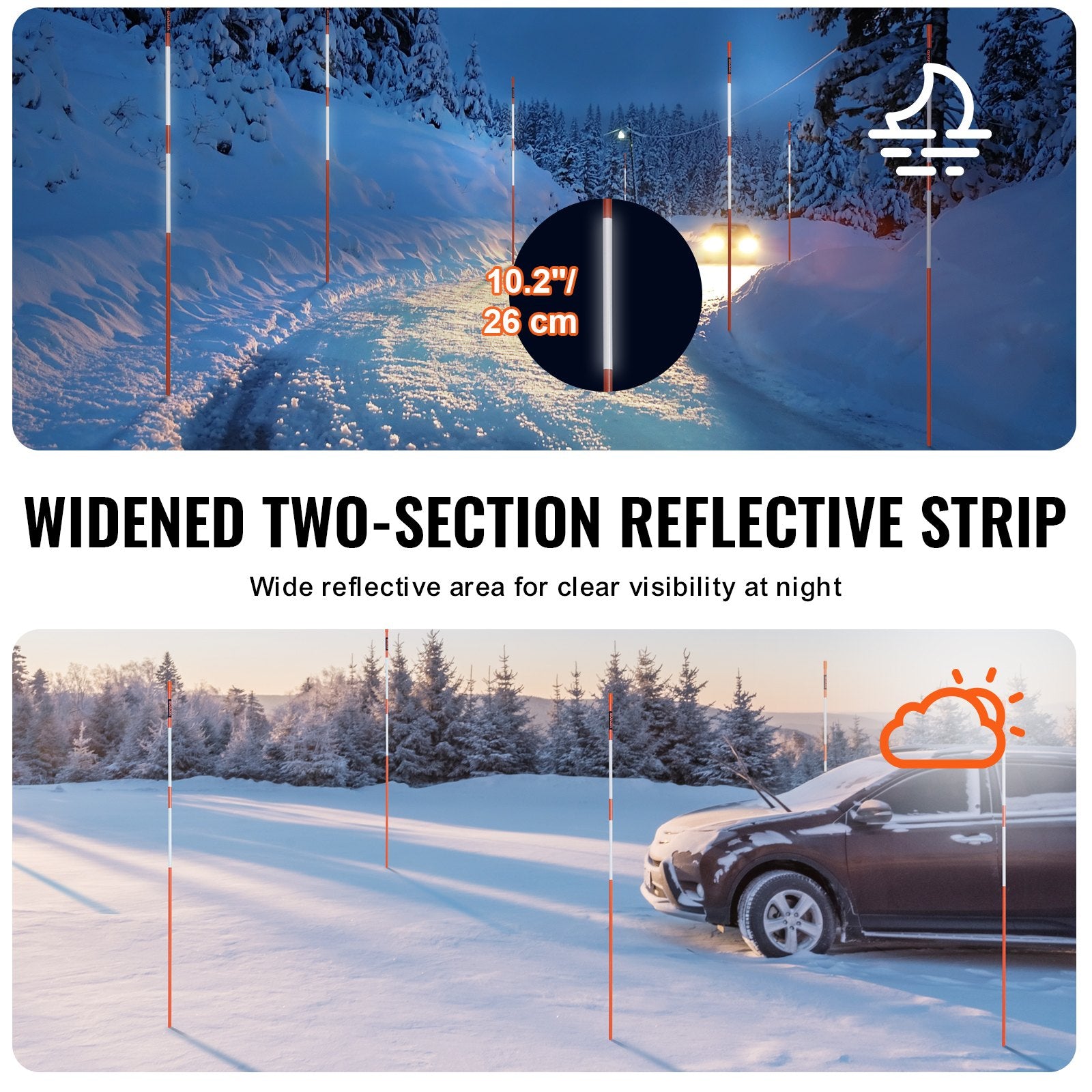 VEVOR Driveway Markers, 100PCS 121.5cm, 0.78cm Diameter, Orange Fiberglass Poles Snow Stakes with Reflective Tape, 30cm Steel Drill Bit & Protection Gloves for Parking Lots, Walkways Easy Visibility