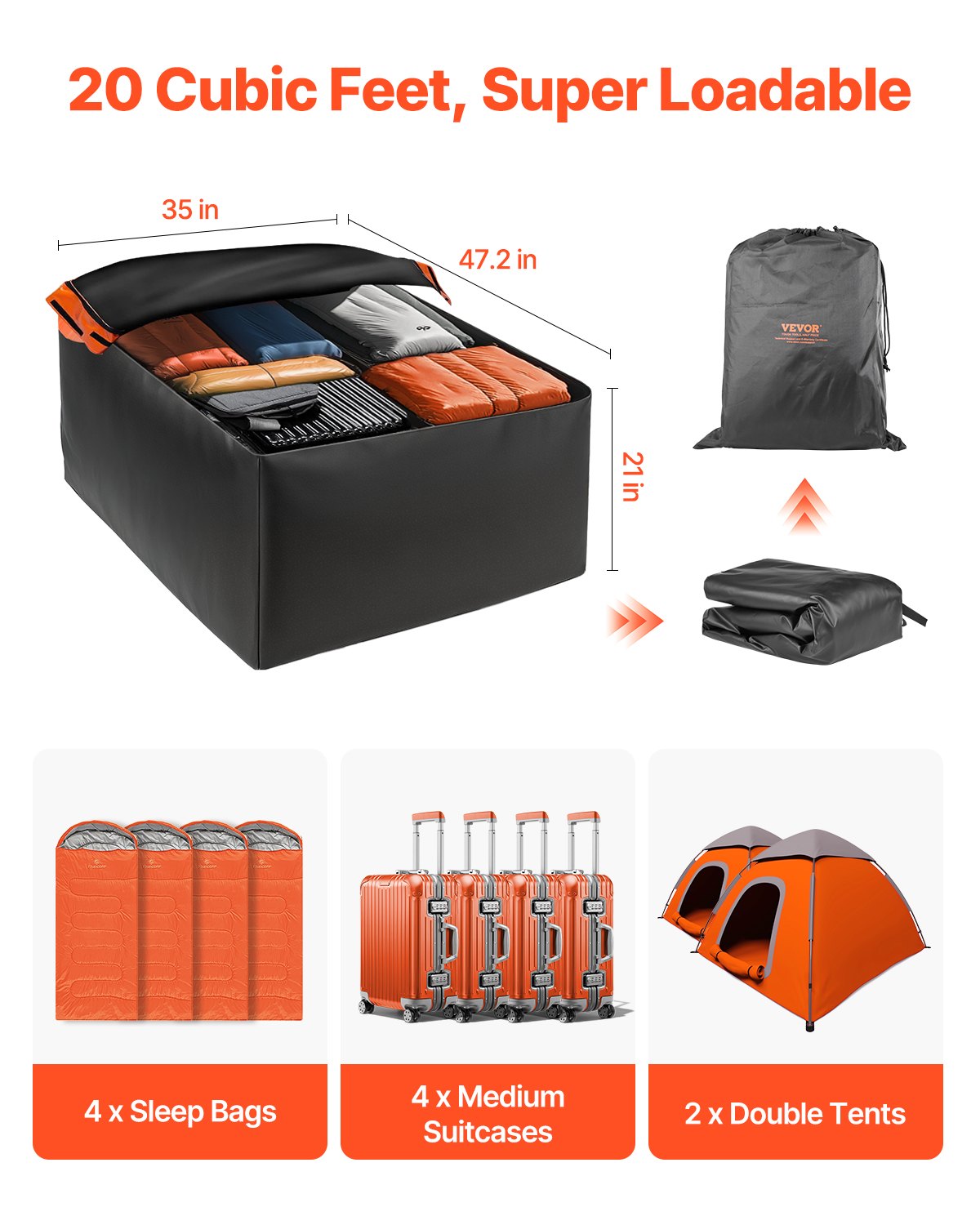 VEVOR Car Rooftop Cargo Carrier Bag, 20 Cubic Feet Roof Cargo Carrier, Heavy Duty 840D PVC 100% Waterproof Car Roof Luggage Bag for All Vehicle with/without Rack- with Lock, Anti-Slip Mat, 6 Door Hook