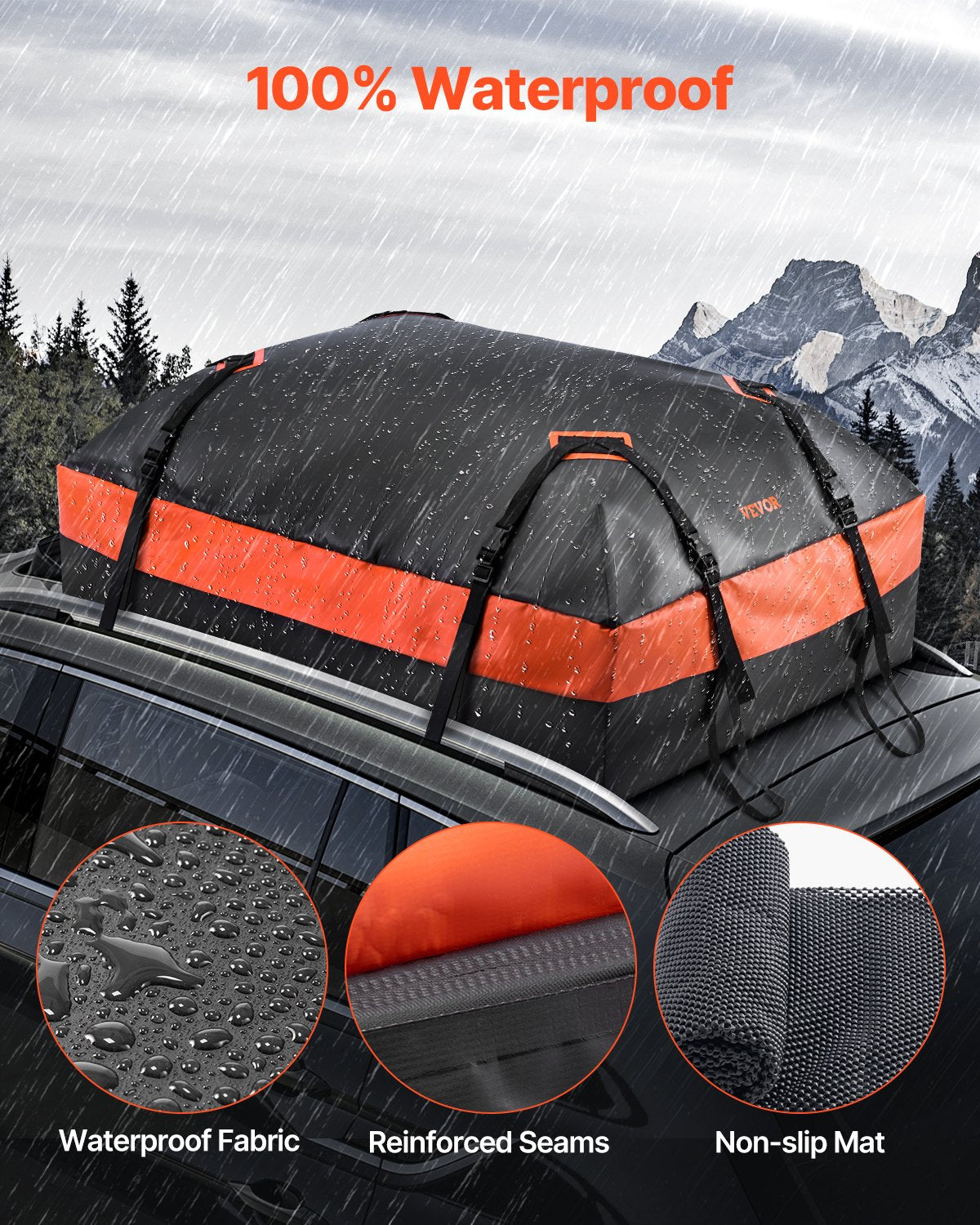 VEVOR Car Rooftop Cargo Carrier Bag, 15 Cubic Feet Car Roof Cargo Carrier, 100% Waterproof Heavy Duty 840D PVC Roof Luggage Bag for All Vehicle with/without Rack- with Lock, Non-Slip Mat, 4 Door Hooks
