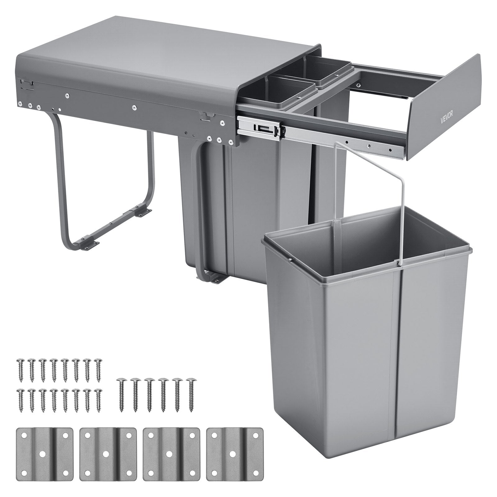 VEVOR Pullout Trash Can for Kitchen Cabinets, 20+10+10L Double Under Sink Garbage Waste Recycling Bin, Under Mount Waste Container, with Heavy Duty Metal Full Extension Sliding System and Handle