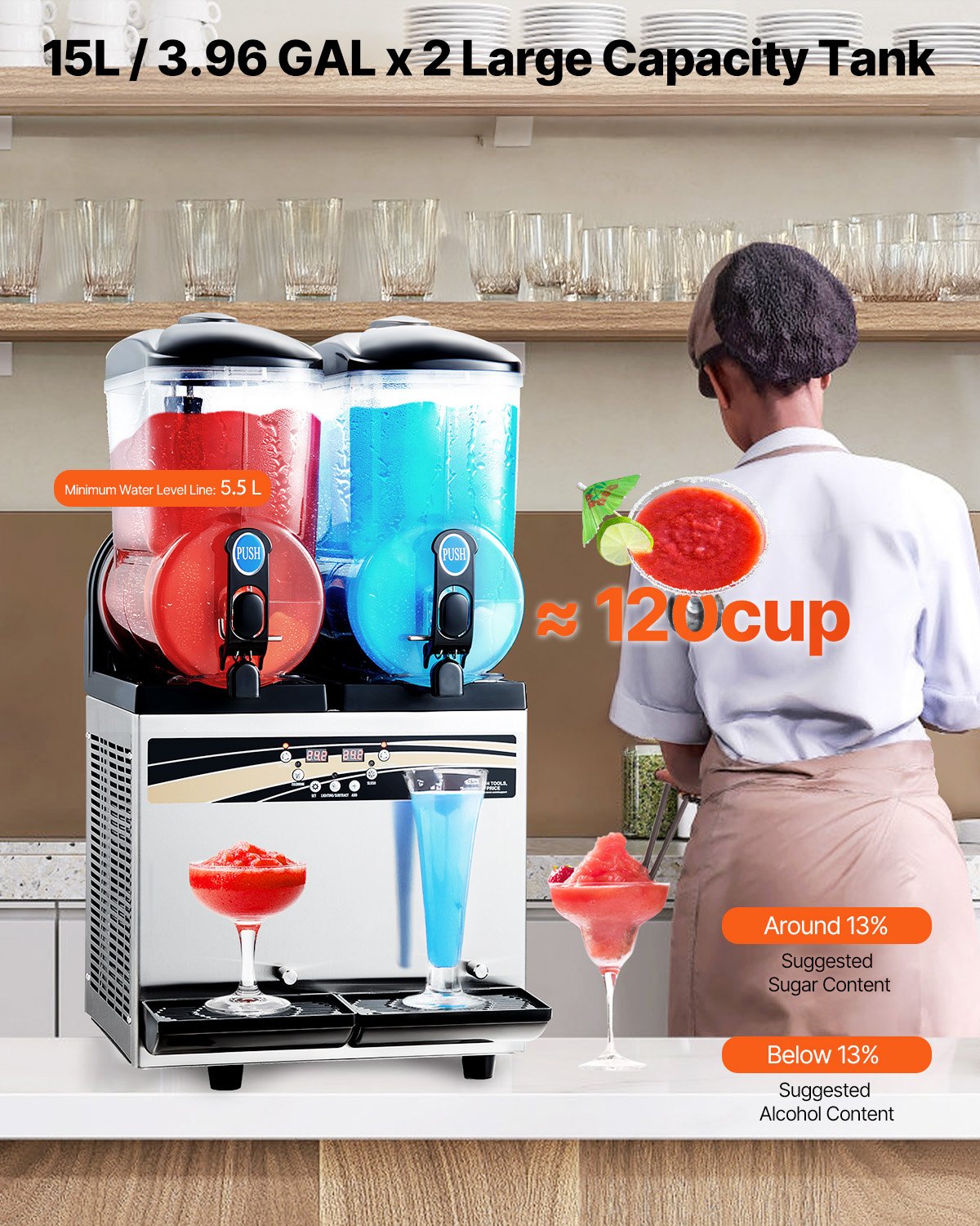 VEVOR Commercial Frozen Drink Maker, 15Lx2 Double Tank Slushy Machine, 120 Cups Stainless Steel Margarita Smoothie Frozen Drink Machine, Slushie Maker for Home Party Restaurants Cafe Bars