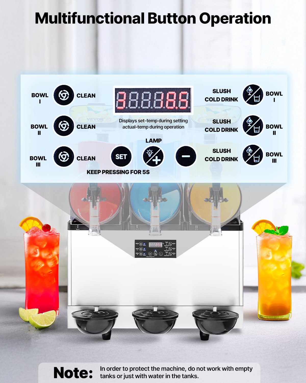 VEVOR Commercial Frozen Drink Maker, 15Lx3 Triple Tank Slushy Machine, 180 Cups Stainless Steel Margarita Smoothie Frozen Drink Machine, Slushie Maker for Home Party Restaurants Cafe Bars