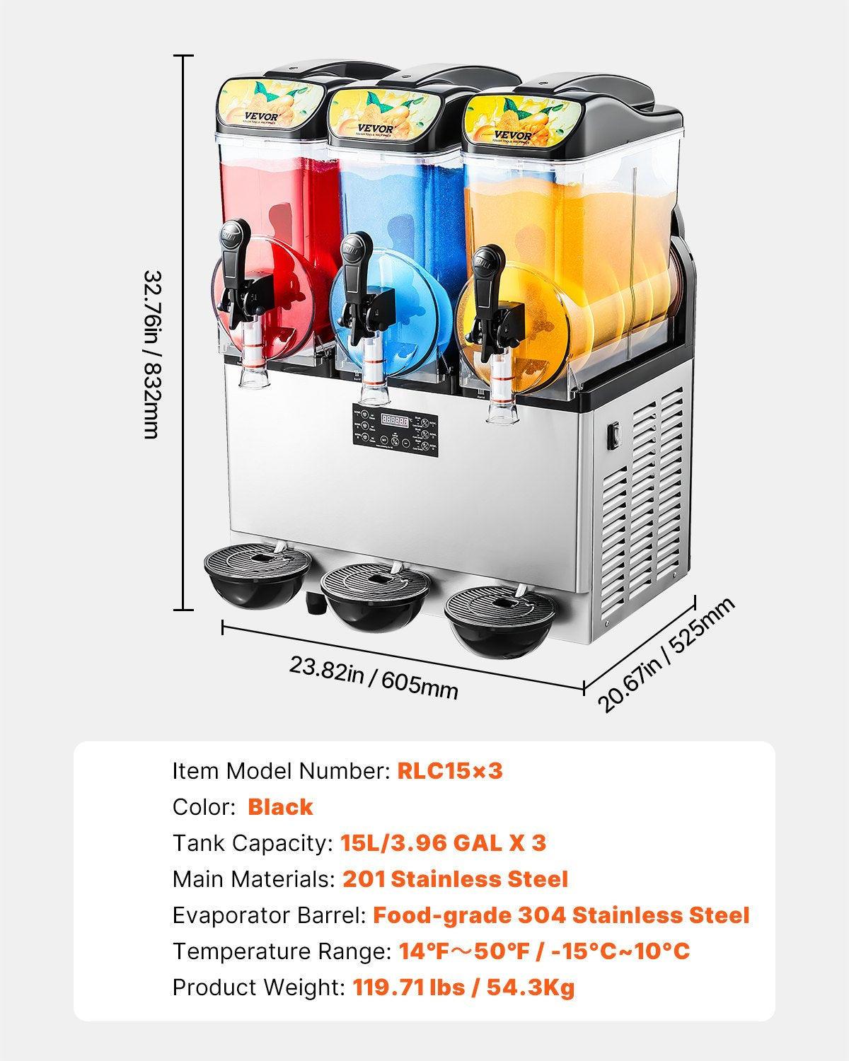 VEVOR Commercial Frozen Drink Maker, 15Lx3 Triple Tank Slushy Machine, 180 Cups Stainless Steel Margarita Smoothie Frozen Drink Machine, Slushie Maker for Home Party Restaurants Cafe Bars