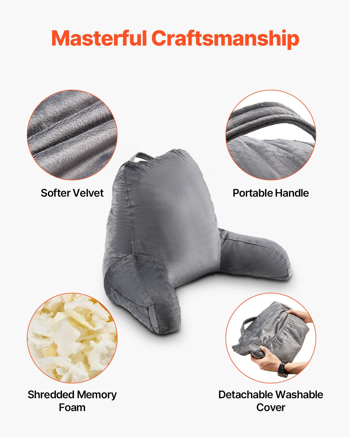 VEVOR Reading Pillow, Large Size Bed Pillow with Shredded Memory Foam, Back Pillow with 3 Pockets and Washable Short Velvet Cloth, Top with Handle, for Watching TV, Reading, Gaming, Resting, Grey