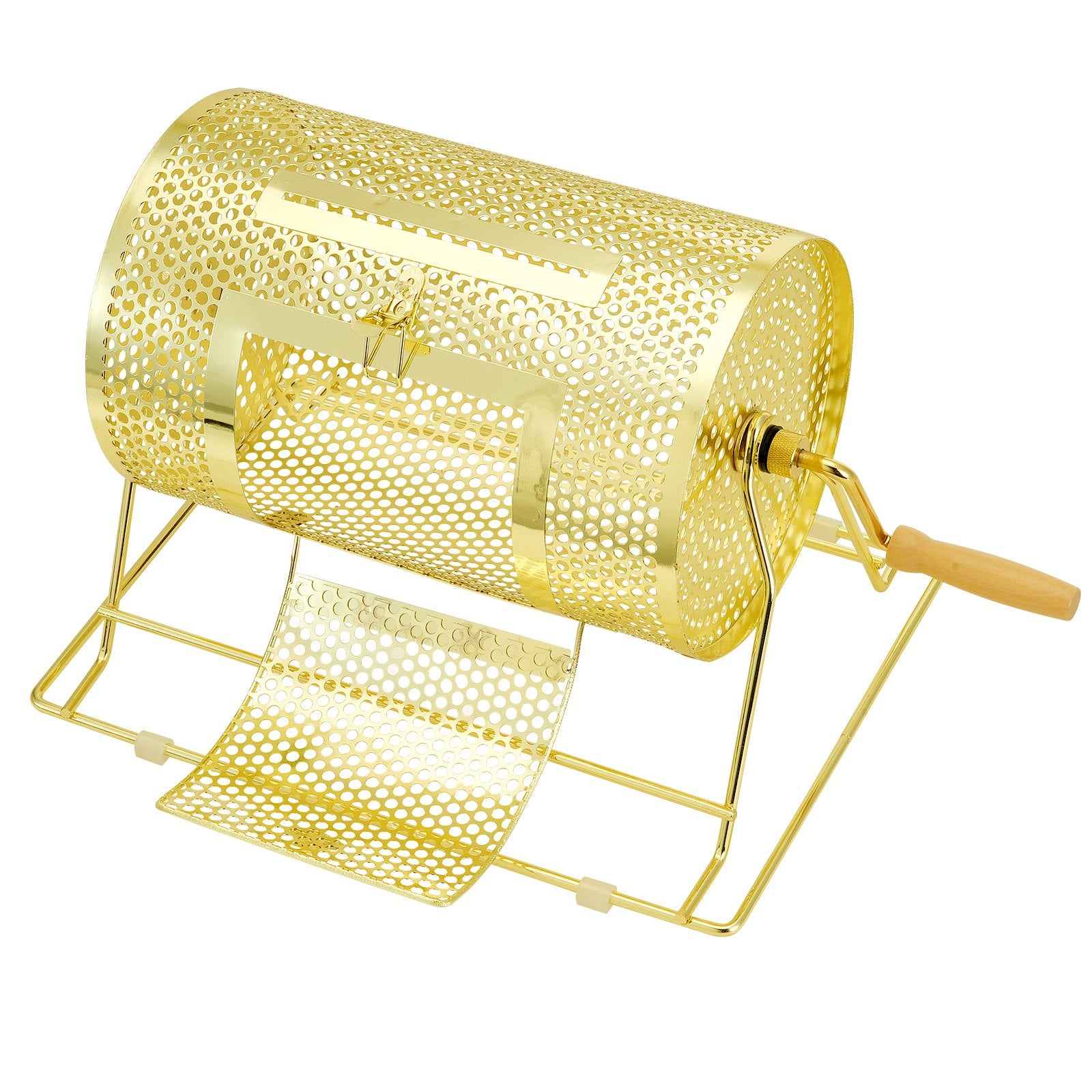 VEVOR Raffle Drum, 11.6 x Ø7.48 inch Brass Plated Raffle Ticket Spinning Cage, Holds 2500 Tickets or 100 Ping Pong Balls, Metal Lottery Spinning Drawing with Wooden Turning Handle, for Bingo Ballot Pa