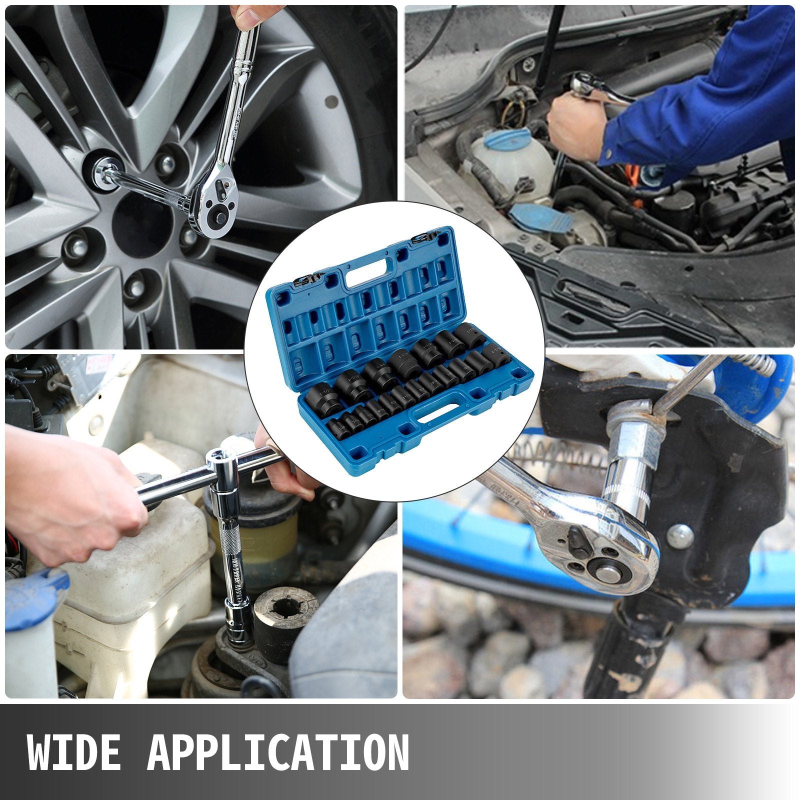 VEVOR Impact Socket Set 1/2 Inches 19 Piece Impact Sockets, Standard Socket Assortment, 1/2 Inches Drive Socket Set Impact Standard SAE 3/8 Inches to 1-1/2 Inches 6-point Hex Sockets