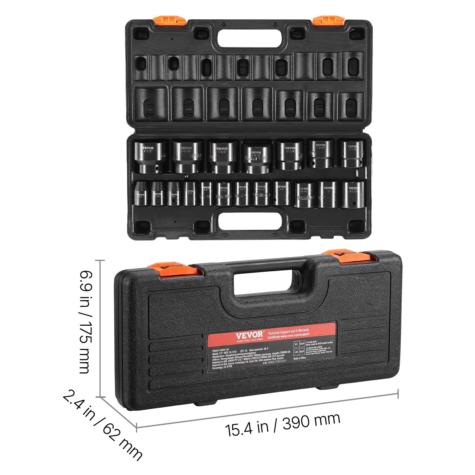 VEVOR Impact Socket Set 1/2 Inches 19 Piece Impact Sockets, Standard Socket Assortment, 1/2 Inches Drive Socket Set Impact Standard SAE 3/8 Inches to 1-1/2 Inches 6-point Hex Sockets
