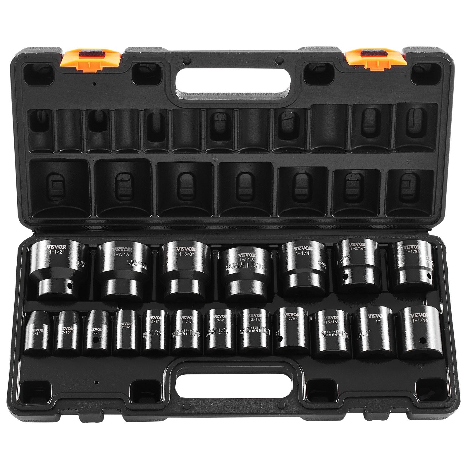 VEVOR Impact Socket Set 1/2 Inches 19 Piece Impact Sockets, Standard Socket Assortment, 1/2 Inches Drive Socket Set Impact Standard SAE 3/8 Inches to 1-1/2 Inches 6-point Hex Sockets