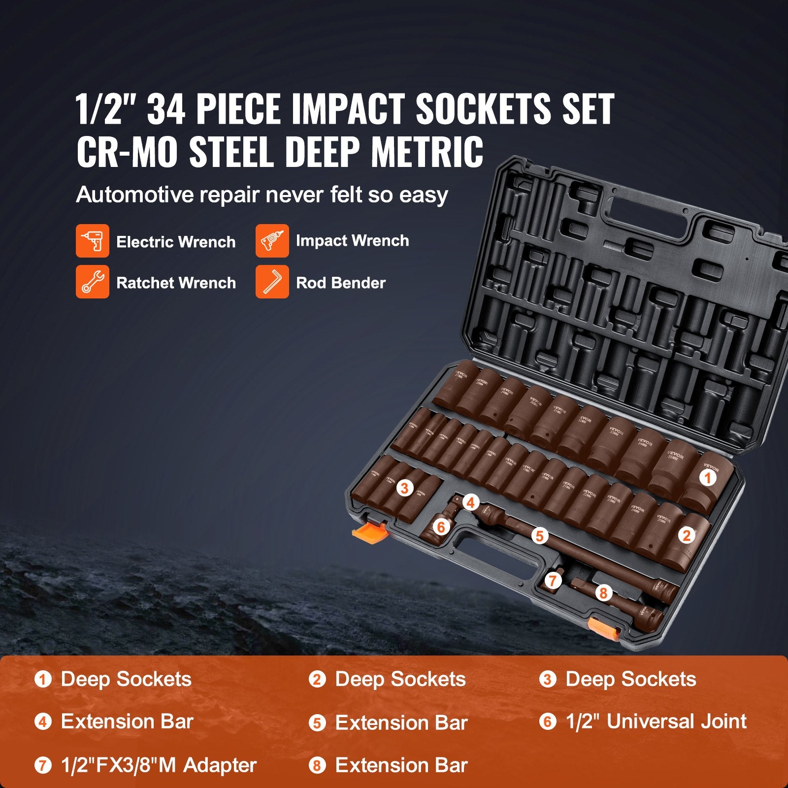 VEVOR 1/2" Drive Deep Impact Socket Set, 34pcs Socket Set Metric 8-36mm 6 Point Cr-MO Alloy Steel for Auto Repair, Rugged Construction, Includes Heavy Duty Storage Case