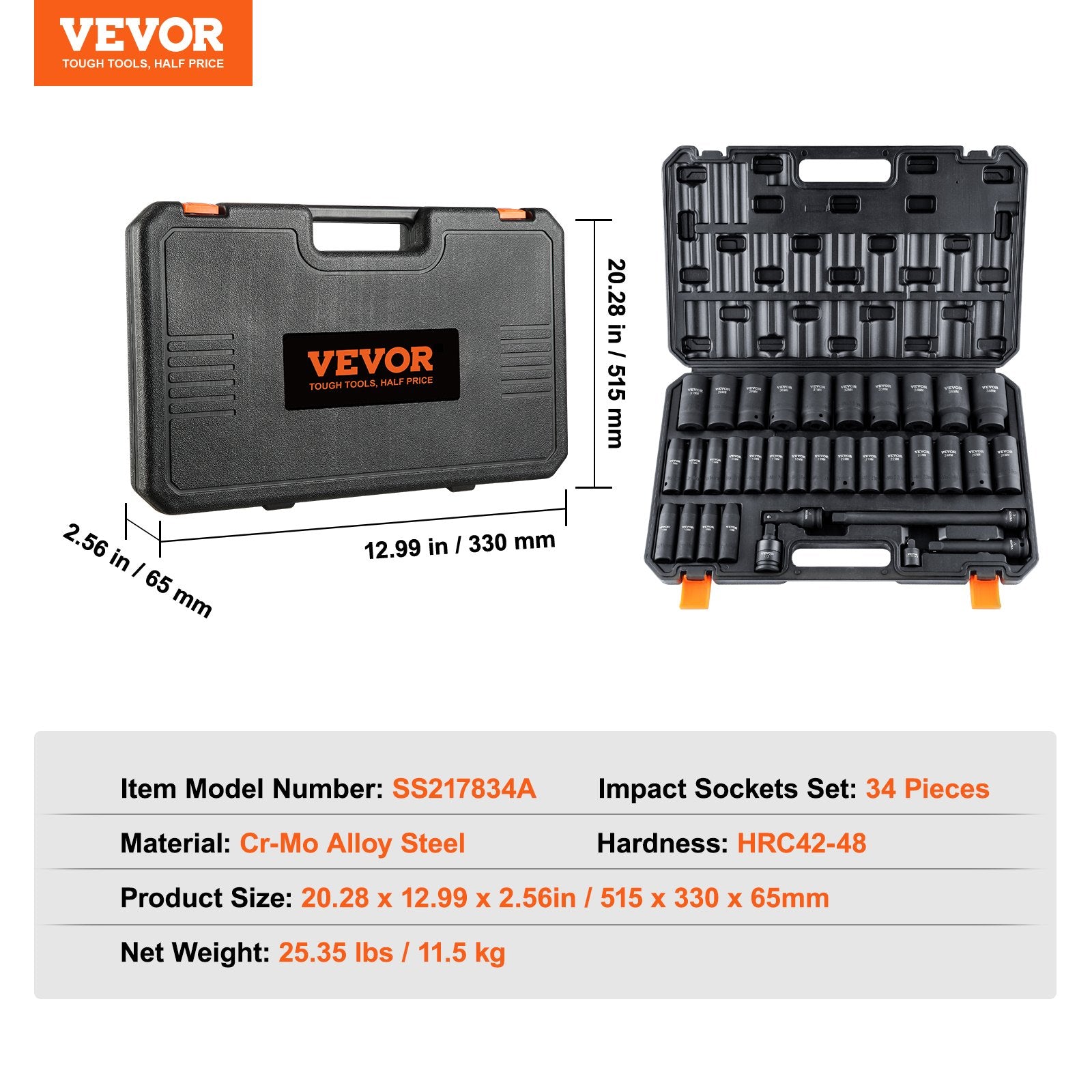 VEVOR 1/2" Drive Deep Impact Socket Set, 34pcs Socket Set Metric 8-36mm 6 Point Cr-MO Alloy Steel for Auto Repair, Rugged Construction, Includes Heavy Duty Storage Case