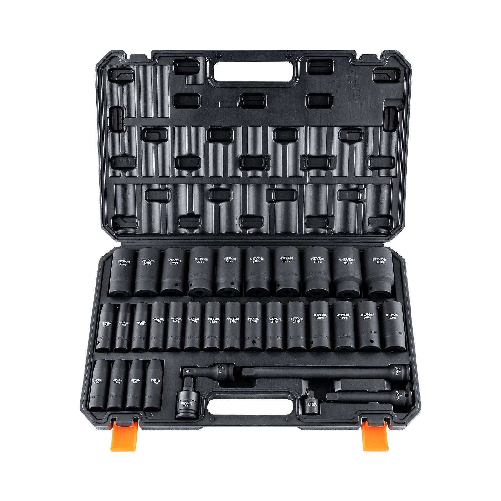 VEVOR 1/2" Drive Deep Impact Socket Set, 34pcs Socket Set Metric 8-36mm 6 Point Cr-MO Alloy Steel for Auto Repair, Rugged Construction, Includes Heavy Duty Storage Case