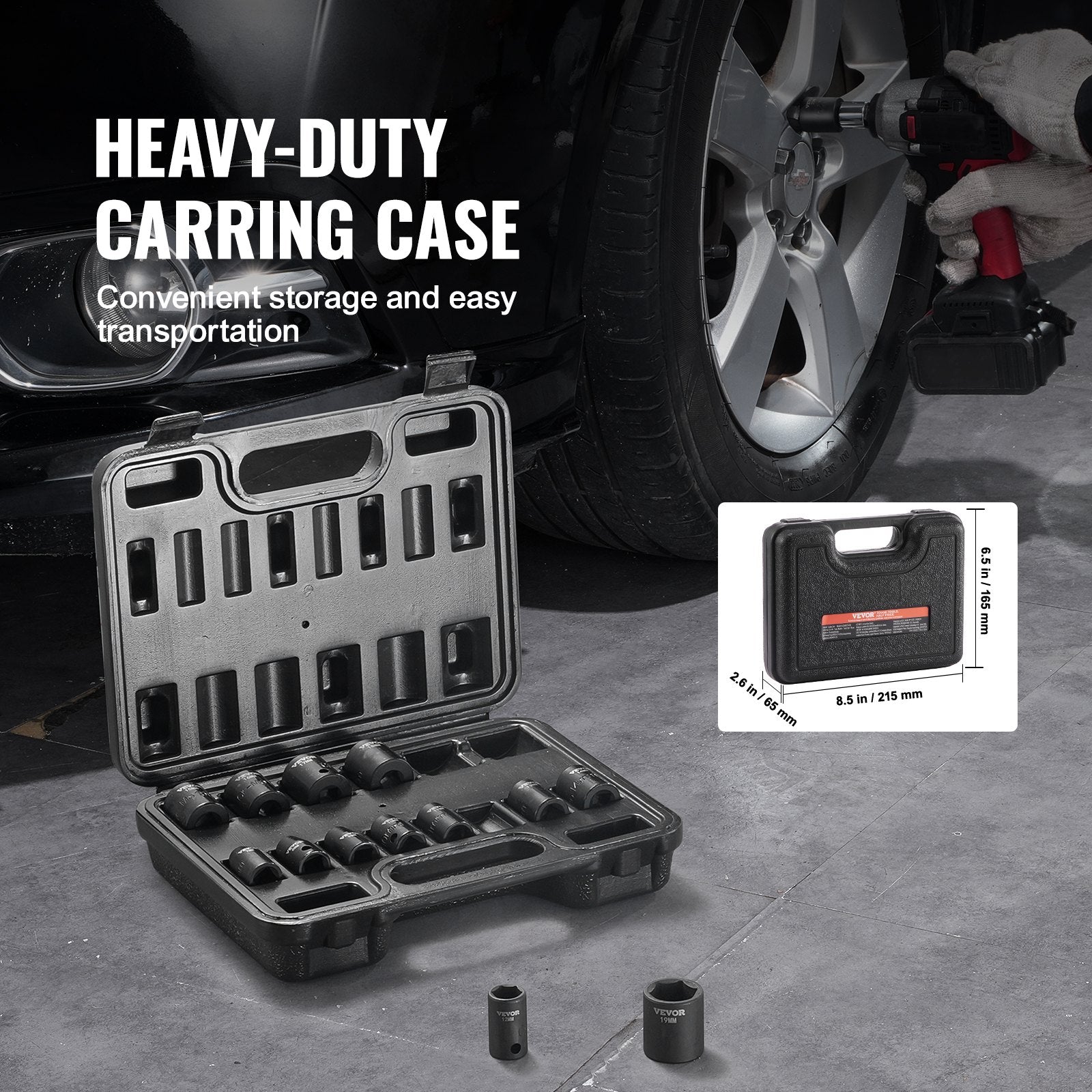 VEVOR 3/8" Drive Impact Socket Set, 14 Piece Shallow Socket Set Metric 7-20mm, 6 Point Cr-Mo Alloy Steel for Auto Repair, Easy-to-Read Size Markings, Rugged Construction, Includes Storage Case