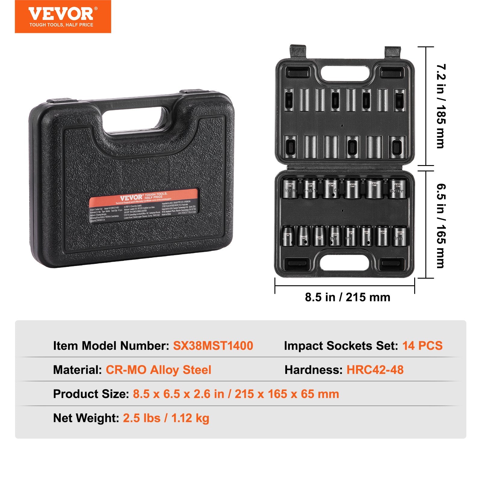 VEVOR 3/8" Drive Impact Socket Set, 14 Piece Shallow Socket Set Metric 7-20mm, 6 Point Cr-Mo Alloy Steel for Auto Repair, Easy-to-Read Size Markings, Rugged Construction, Includes Storage Case