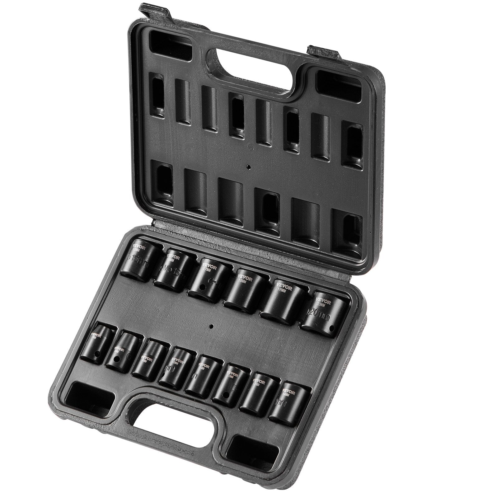 VEVOR 3/8" Drive Impact Socket Set, 14 Piece Shallow Socket Set Metric 7-20mm, 6 Point Cr-Mo Alloy Steel for Auto Repair, Easy-to-Read Size Markings, Rugged Construction, Includes Storage Case