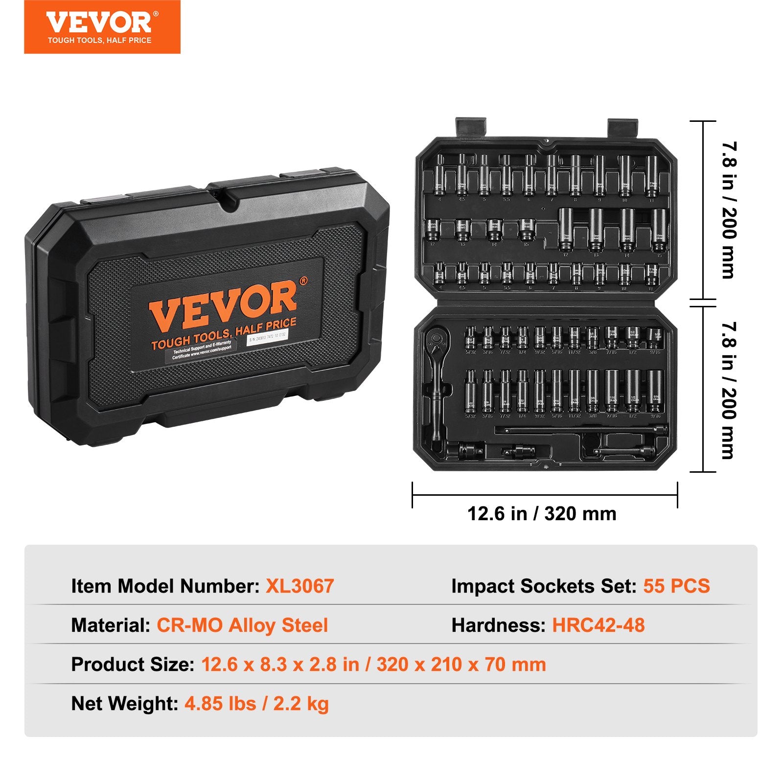 VEVOR 1/4" Drive Impact Socket Set, 55 Piece Deep & Shallow Socket Set SAE 5/32"-9/16" and Metric 4-15mm, 6 Point CR-V Alloy Steel for Auto Repair, Easy-to-Read Size Markings, Storage Case