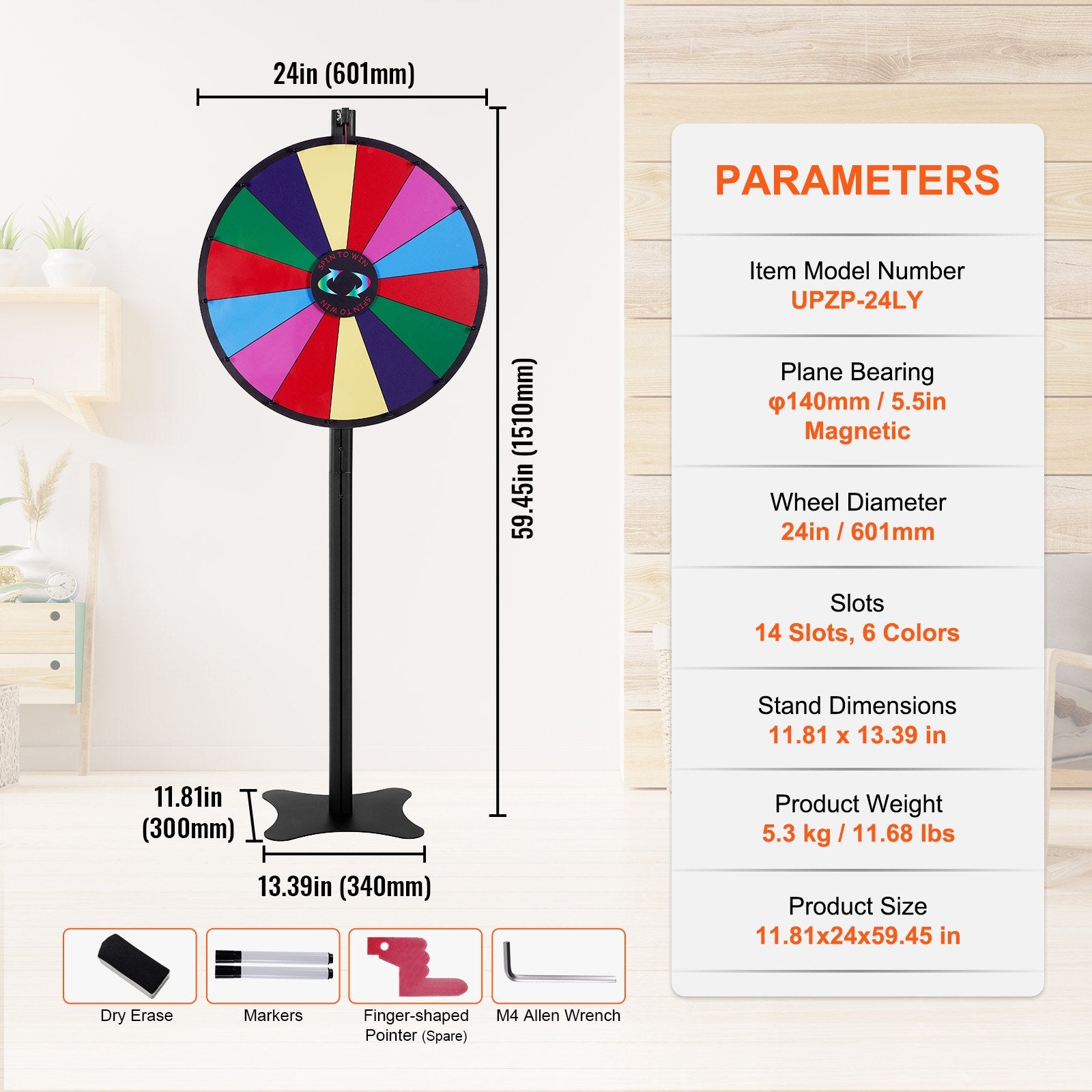 VEVOR 24 inch Spinning Prize Wheel, 14 Slots Spinning Wheel, Roulette Wheel with a Dry Erase and 2 Markers, Tabletop or Floor Standing Win Fortune Spin Games in Party Pub Trade Show Carnival