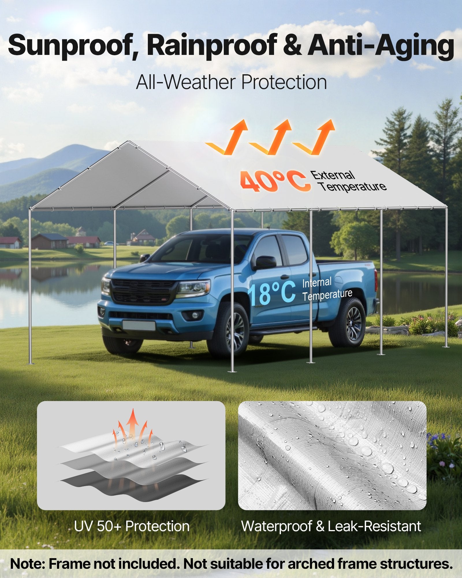 VEVOR Carport Replacement Canopy, 6 x 3 m Potable Garage Tent Top Tarp, UV-Resistant & Waterproof Car Shelter Tarp, Heavy Duty Car Port Cover with Ball Buggees, Grey, Frame Not Included