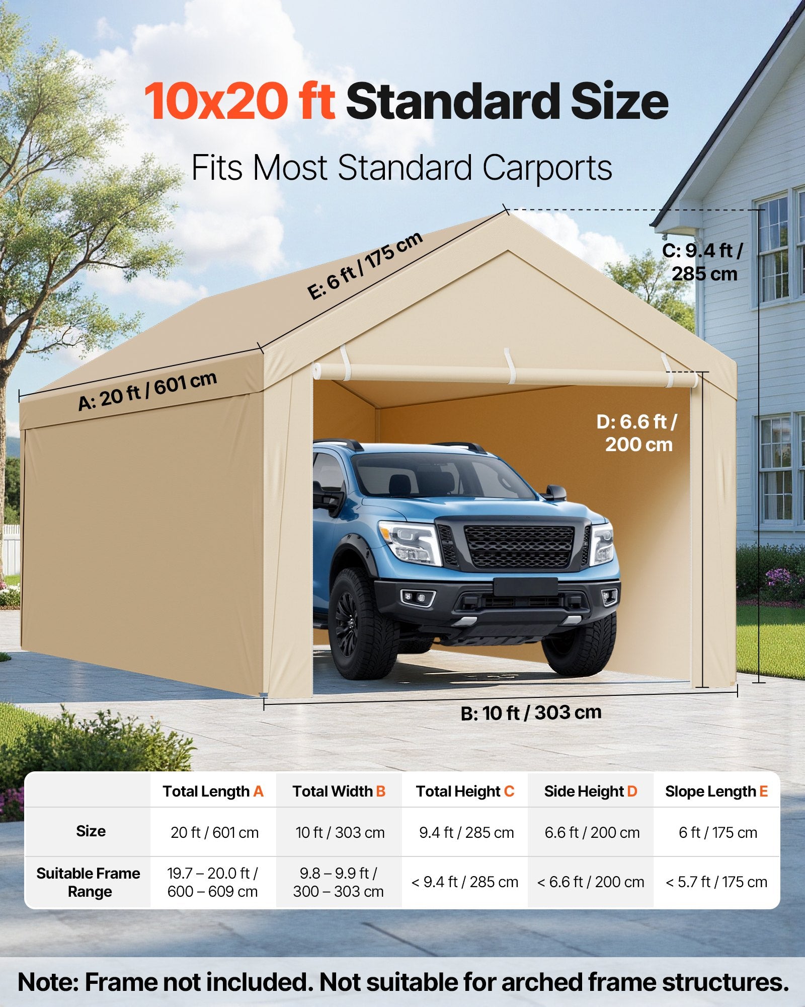 VEVOR Carport Replacement Canopy, 6 x 3 m Potable Garage Tent Top Tarp with Sidewalls, UV-Resistant & Waterproof, Heavy Duty Car Shelter Tarp with Ball Buggees, Beige, Frame Not Included