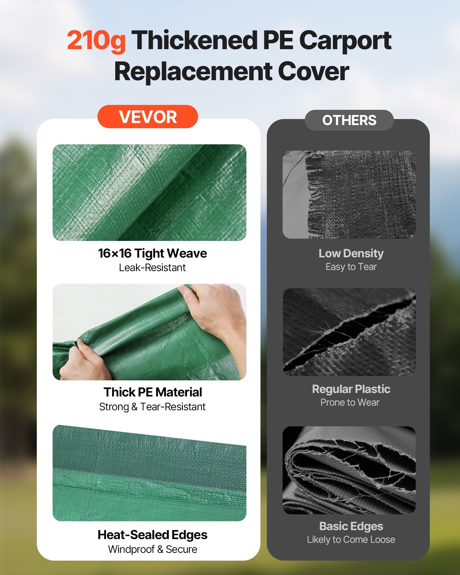VEVOR Carport Replacement Canopy, 6 x 3 m Potable Garage Tent Top Tarp, UV-Resistant & Waterproof Car Shelter Tarp, Heavy Duty Car Port Cover with Ball Buggees, Dark Green, Frame Not Included