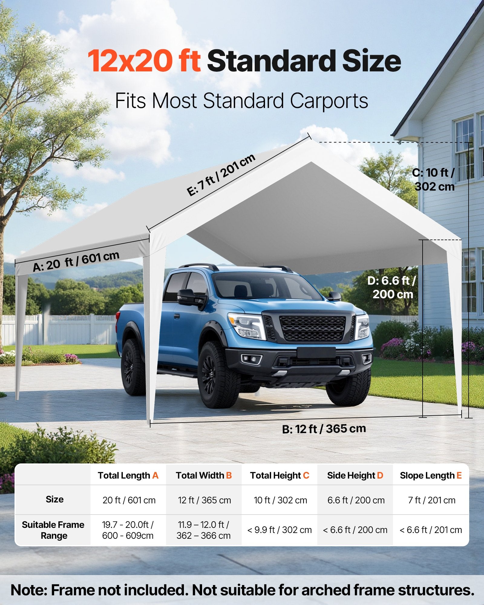 VEVOR Carport Replacement Canopy, 6 x 3.6 m Potable Garage Tent Top Tarp, UV-Resistant & Waterproof Car Shelter Tarp, Heavy Duty Car Port Cover with Ball Buggees, White, Frame Not Included