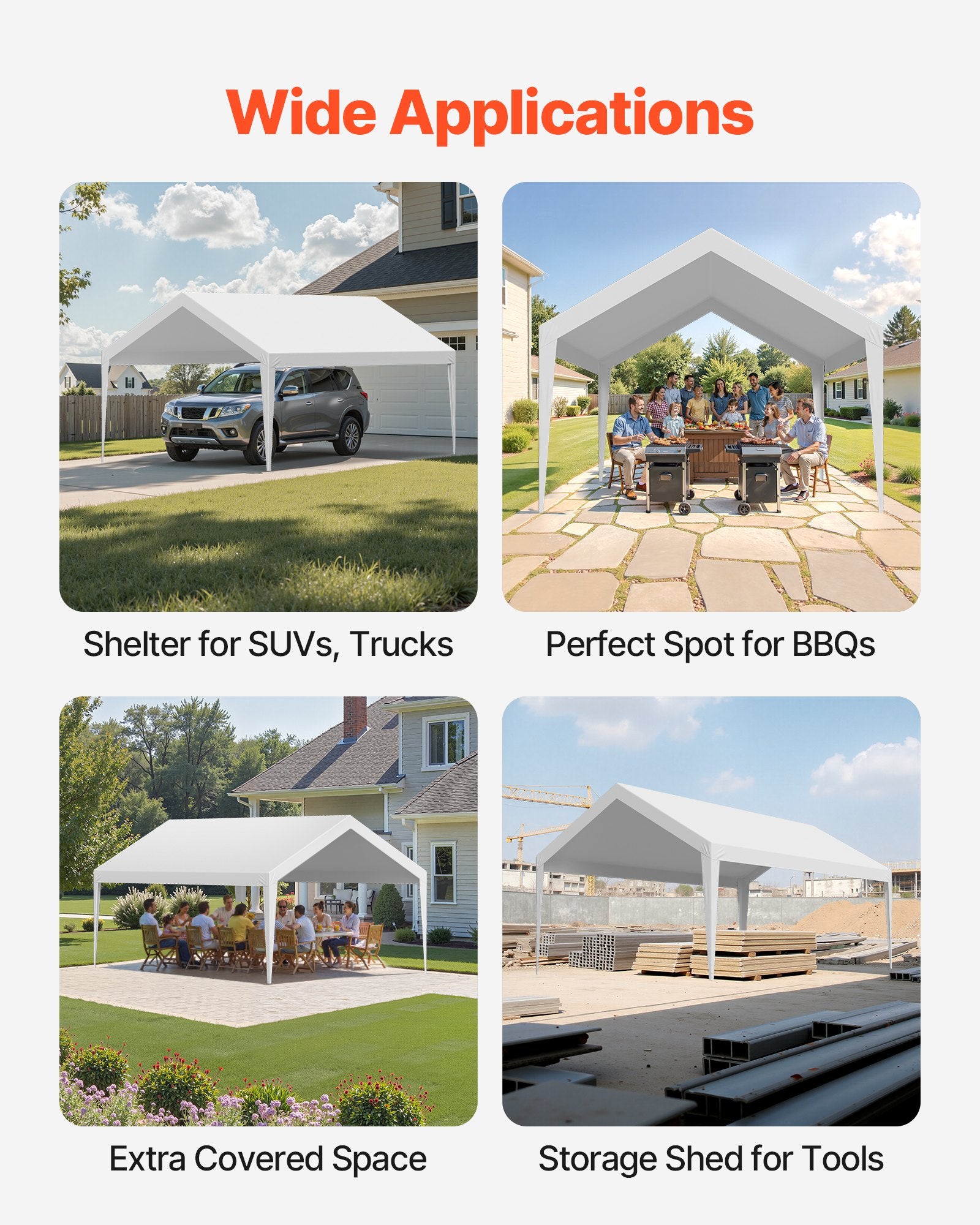 VEVOR Carport Replacement Canopy, 6 x 3.6 m Potable Garage Tent Top Tarp, UV-Resistant & Waterproof Car Shelter Tarp, Heavy Duty Car Port Cover with Ball Buggees, White, Frame Not Included