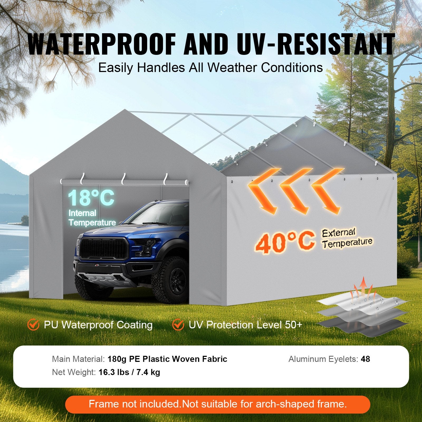 VEVOR Carport Replacement Canopy Cover Side Wall 6 x 3.6 m, Garage Tent Shelter Tarp Heavy-Duty Waterproof & UV Protected, Easy Installation with Ball Bungees,Grey Top and Frame Not Included