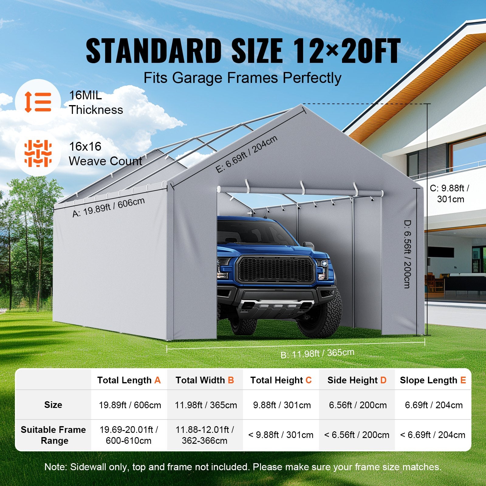 VEVOR Carport Replacement Canopy Cover Side Wall 6 x 3.6 m, Garage Tent Shelter Tarp Heavy-Duty Waterproof & UV Protected, Easy Installation with Ball Bungees,Grey Top and Frame Not Included
