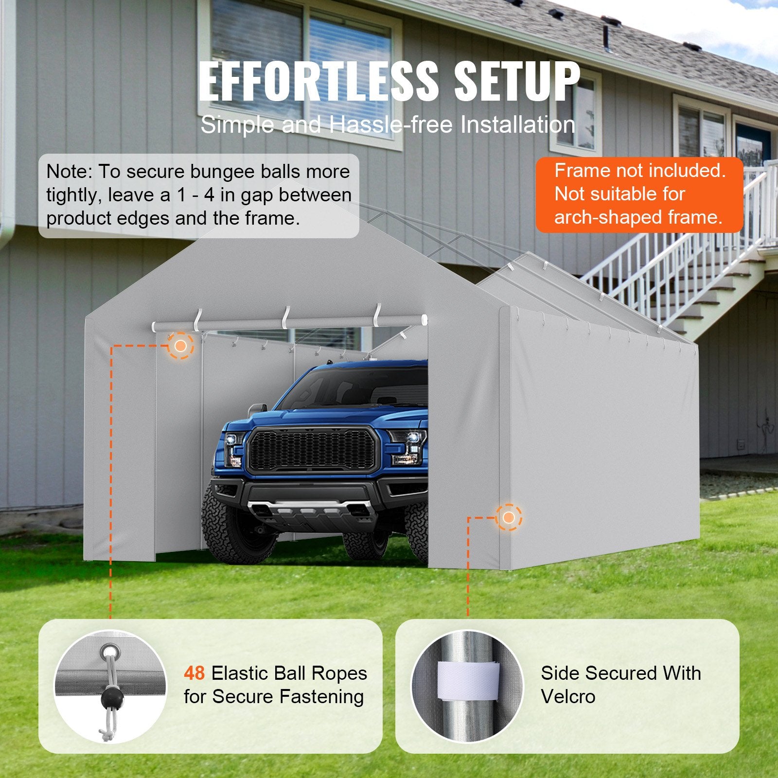 VEVOR Carport Replacement Canopy Cover Side Wall 6 x 3.6 m, Garage Tent Shelter Tarp Heavy-Duty Waterproof & UV Protected, Easy Installation with Ball Bungees,Grey Top and Frame Not Included