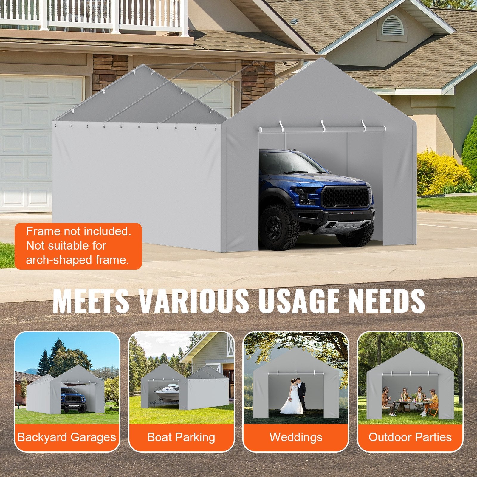 VEVOR Carport Replacement Canopy Cover Side Wall 6 x 3.6 m, Garage Tent Shelter Tarp Heavy-Duty Waterproof & UV Protected, Easy Installation with Ball Bungees,Grey Top and Frame Not Included