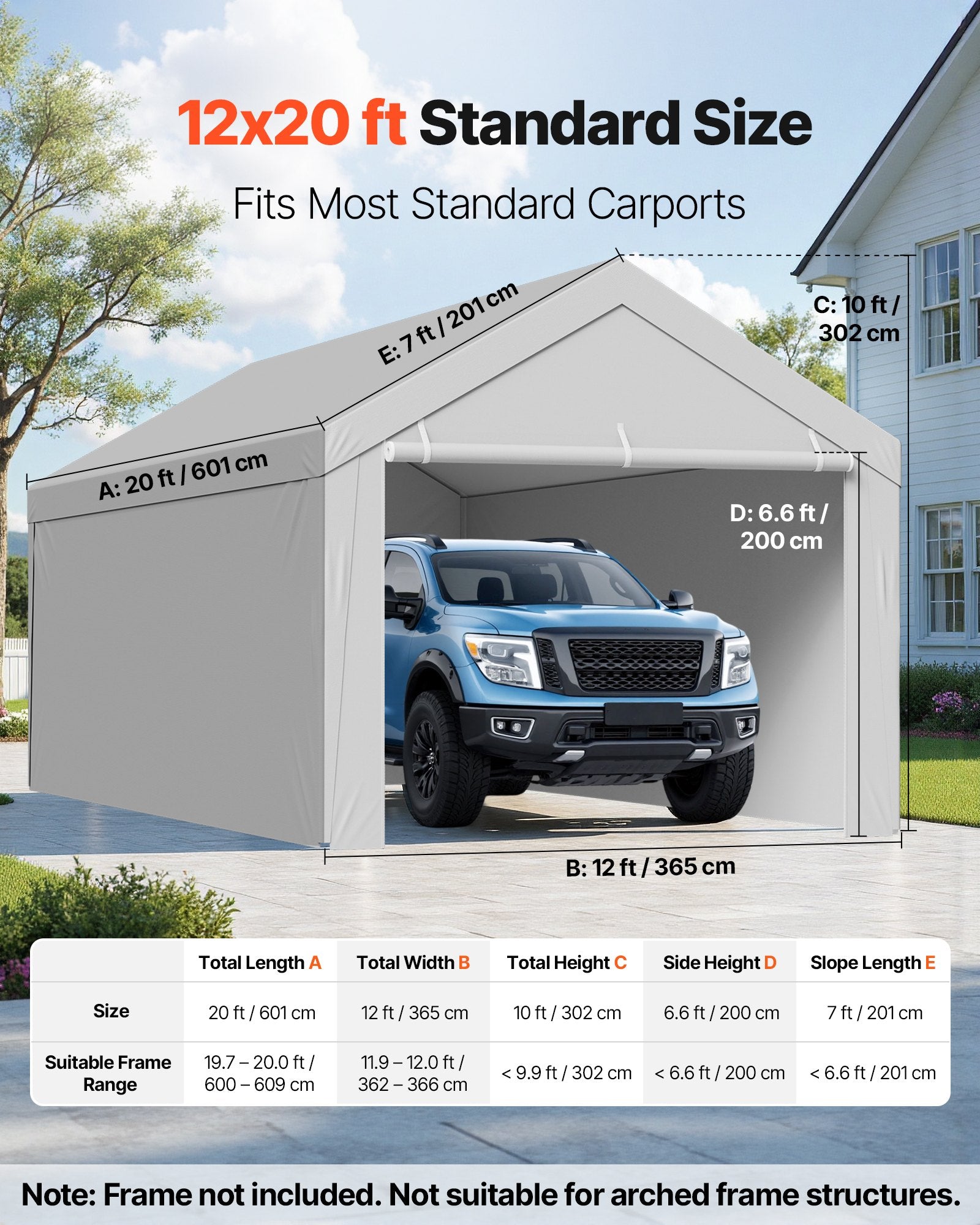 VEVOR Carport Replacement Canopy, 6x 3.6 m Potable Garage Tent Top Tarp with Sidewalls, UV-Resistant & Waterproof, Heavy Duty Car Shelter Tarp with Ball Buggees, Grey, Frame Not Included