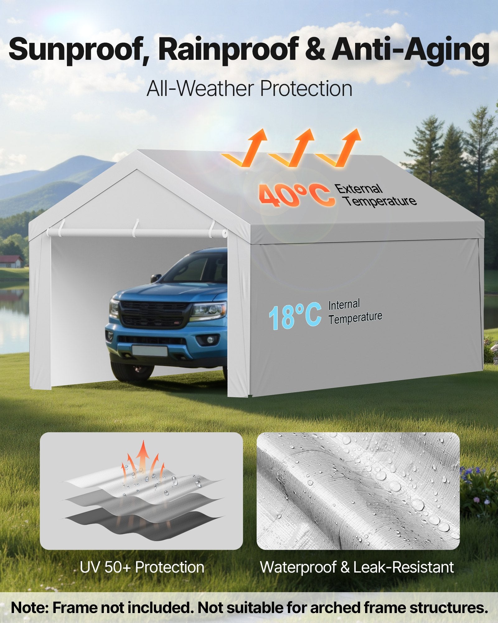 VEVOR Carport Replacement Canopy, 6x 3.6 m Potable Garage Tent Top Tarp with Sidewalls, UV-Resistant & Waterproof, Heavy Duty Car Shelter Tarp with Ball Buggees, Grey, Frame Not Included