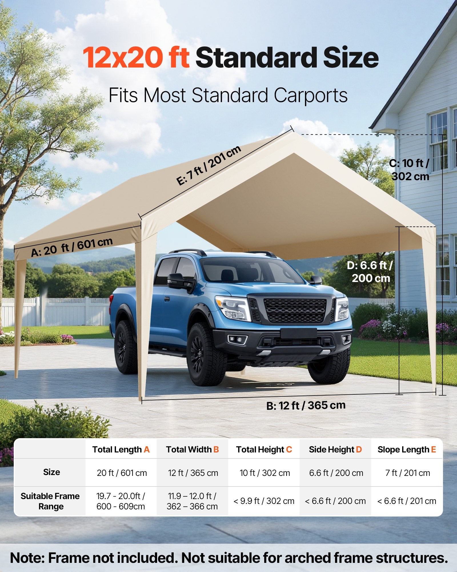VEVOR Carport Replacement Canopy, 6 x 3.6 m Potable Garage Tent Top Tarp, UV-Resistant & Waterproof Car Shelter Tarp, Heavy Duty Car Port Cover with Ball Buggees, Beige, Frame Not Included